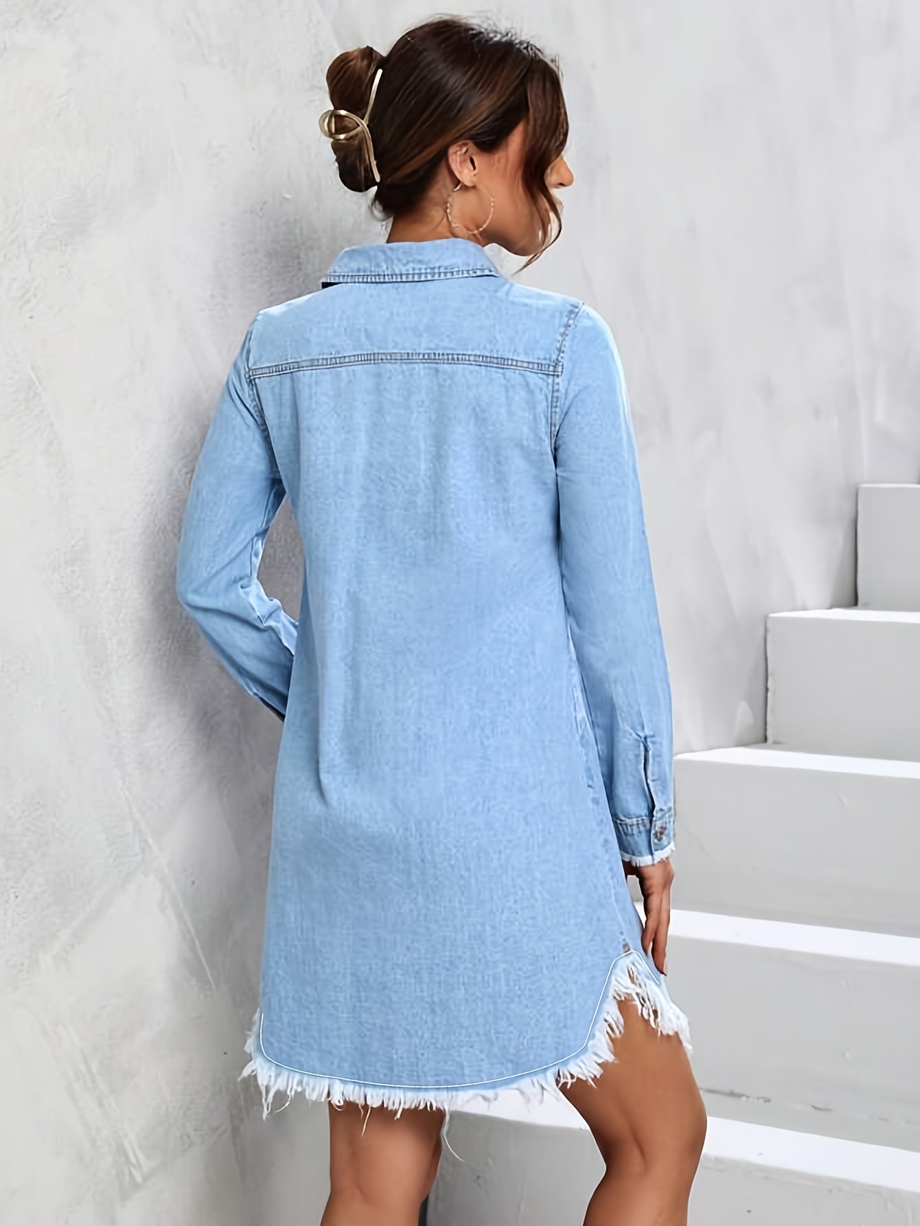 Blue Frayed Hem Denim Dress, Long Sleeves Single Breasted Button Lapel Denim Dress, Women's Denim Clothing