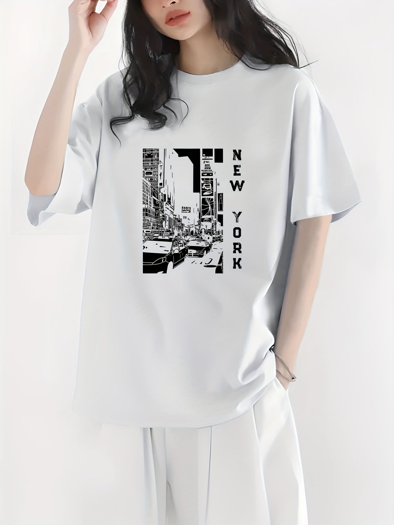 gbolsos City View & New York Letter Print Crew Neck Casual T-Shirt, Solid Color Short Sleeve Fashion Pullover Top, Women's Clothing
