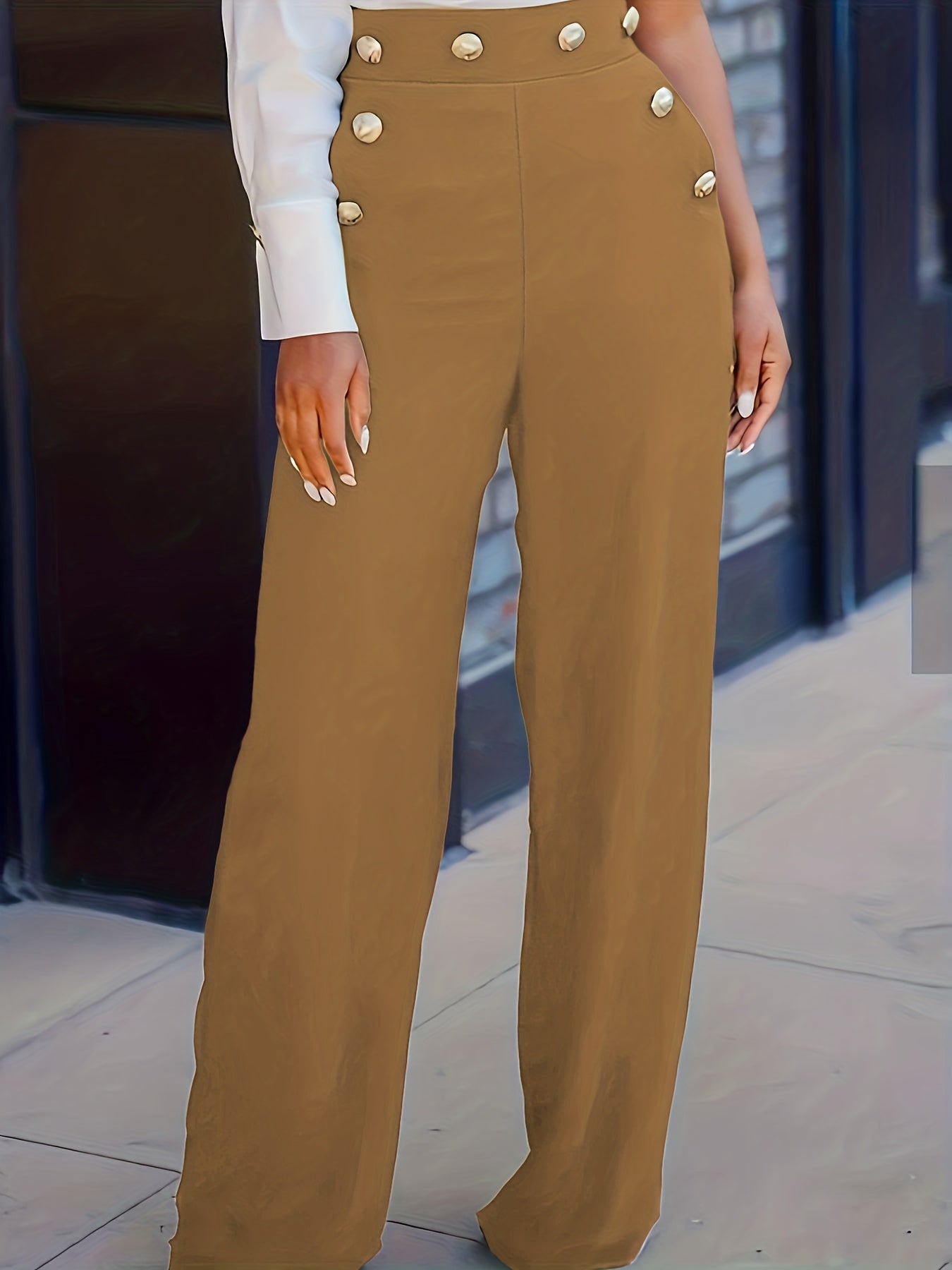 gbolsos Button Decor Waist Wide Leg Pants, Casual Loose Pants For Spring & Fall, Women's Clothing