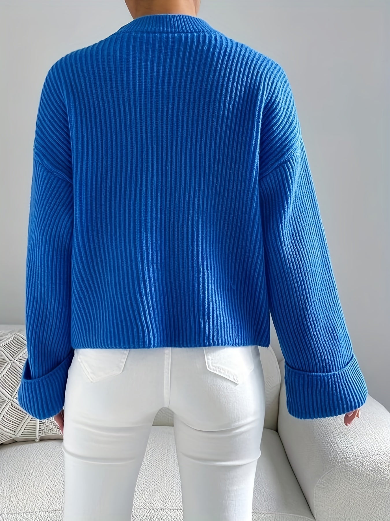 gbolsos Solid Mock Neck Pullover Sweater, Casual Long Sleeve Drop Shoulder Sweater For Fall & Winter, Women's Clothing