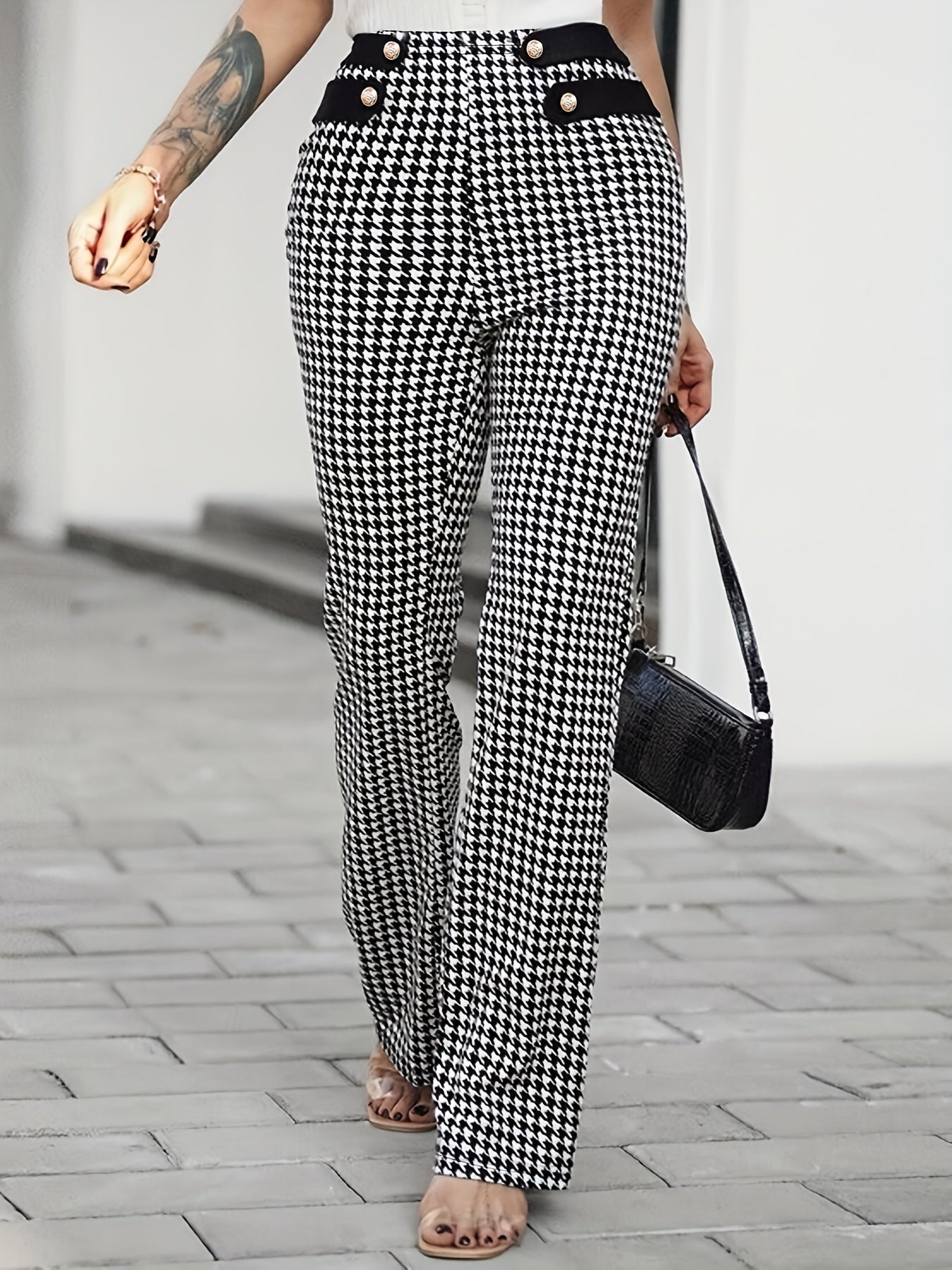 gbolsos Houndstooth Straight Leg Pants, Elegant Stretchy Button High Waist Pants, Women's Clothing