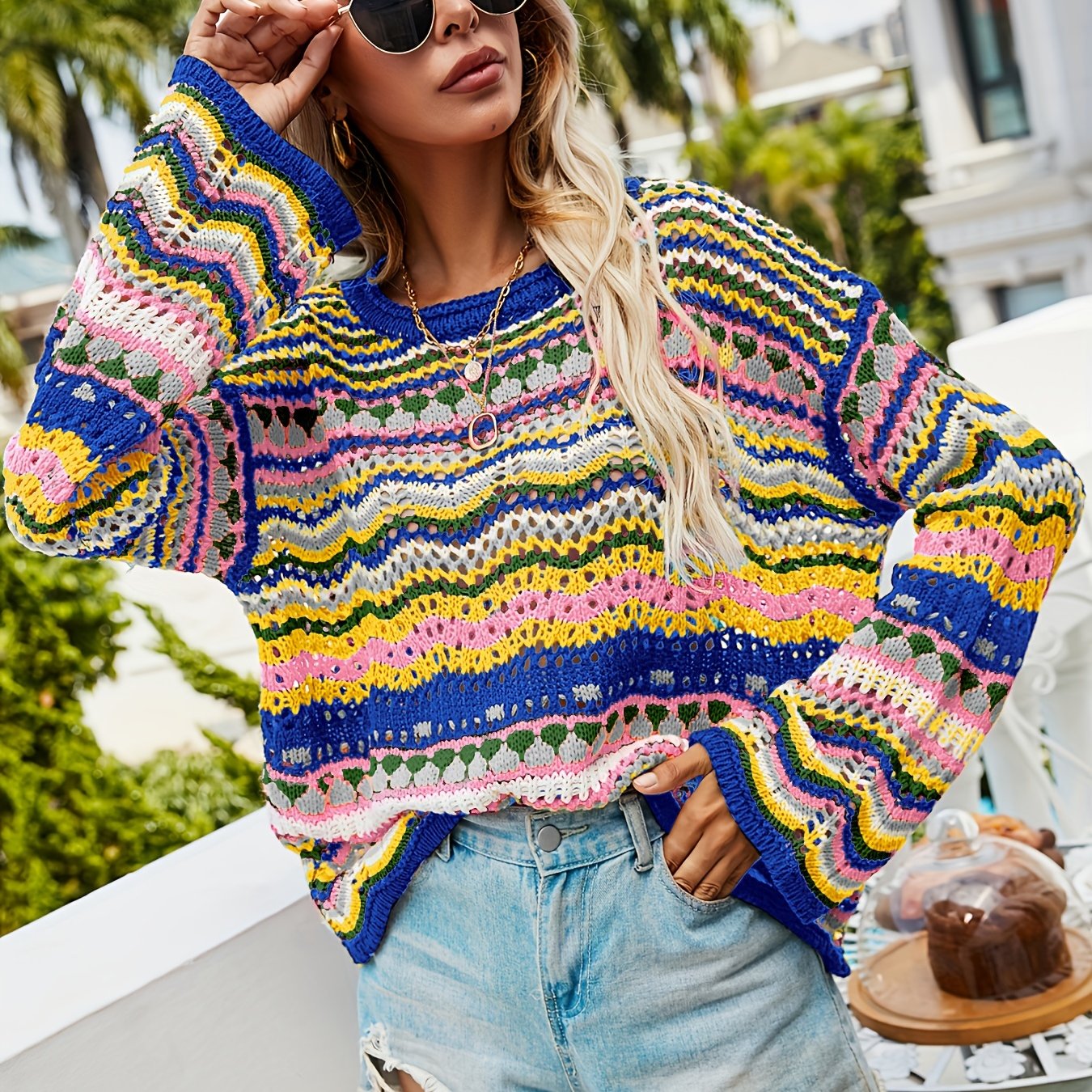 gbolsos Hollow Striped Knit Sweater, Casual Crew Neck Long Sleeve Sweater, Women's Clothing
