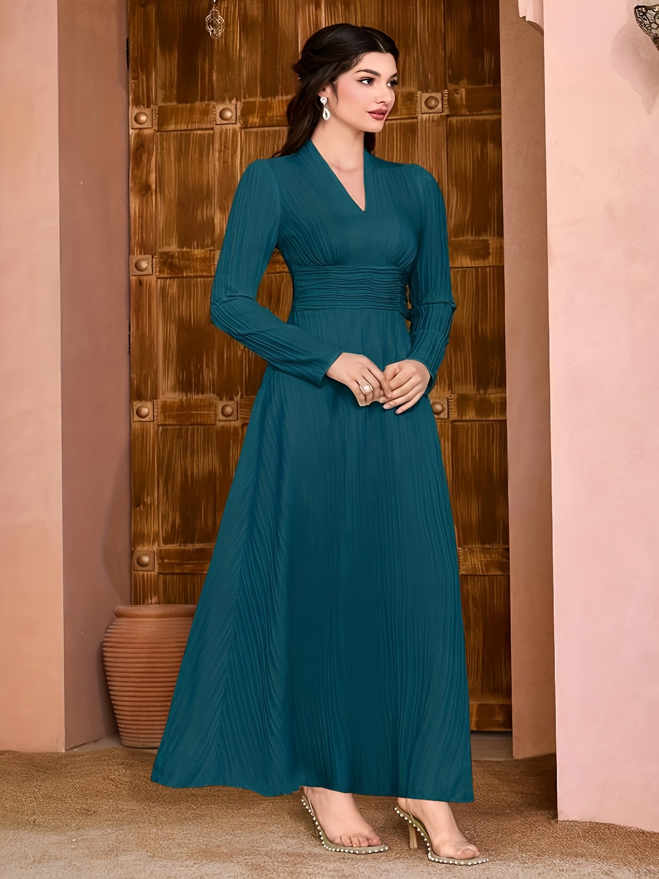 gbolsos Solid V Neck Dress, Elegant Long Sleeve Shirred Waist Dress, Women's Clothing