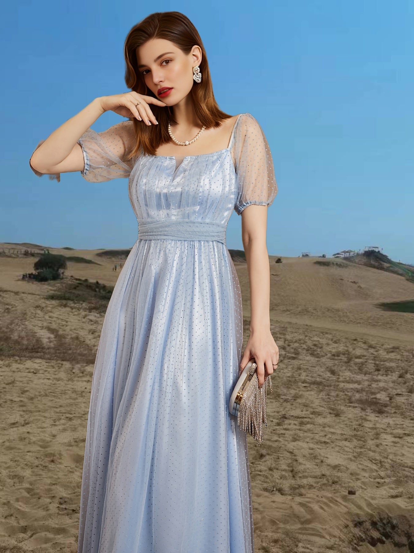 gbolsos Slim Mesh Short Sleeve Dress, Square Neck Bridesmaid Party Guest Evening Gown Dress For Summer & Spring, Women's Clothing