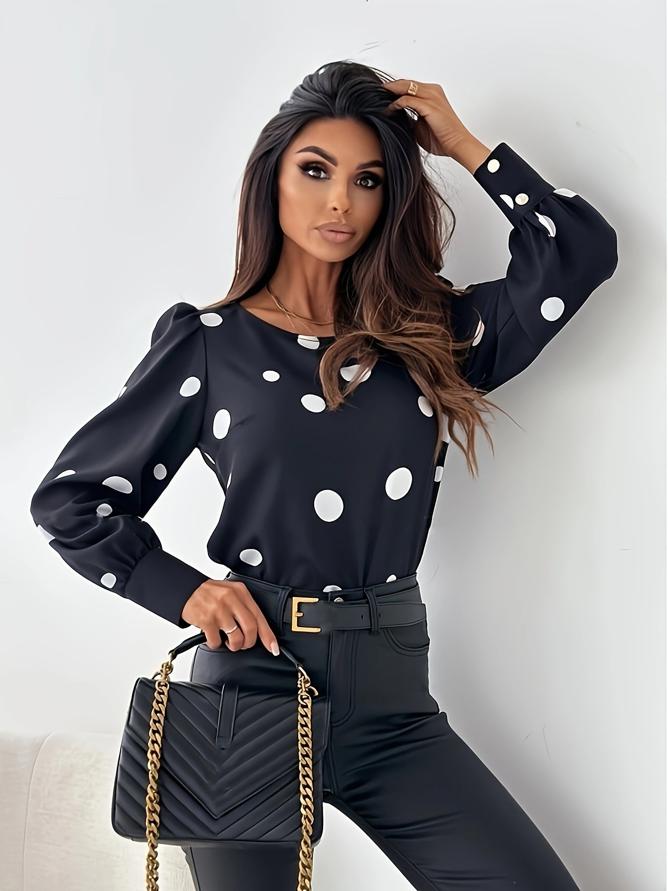 gbolsos Polka Dot Print Blouse, Casual Simple Long Sleeve Blouse, Women's Clothing