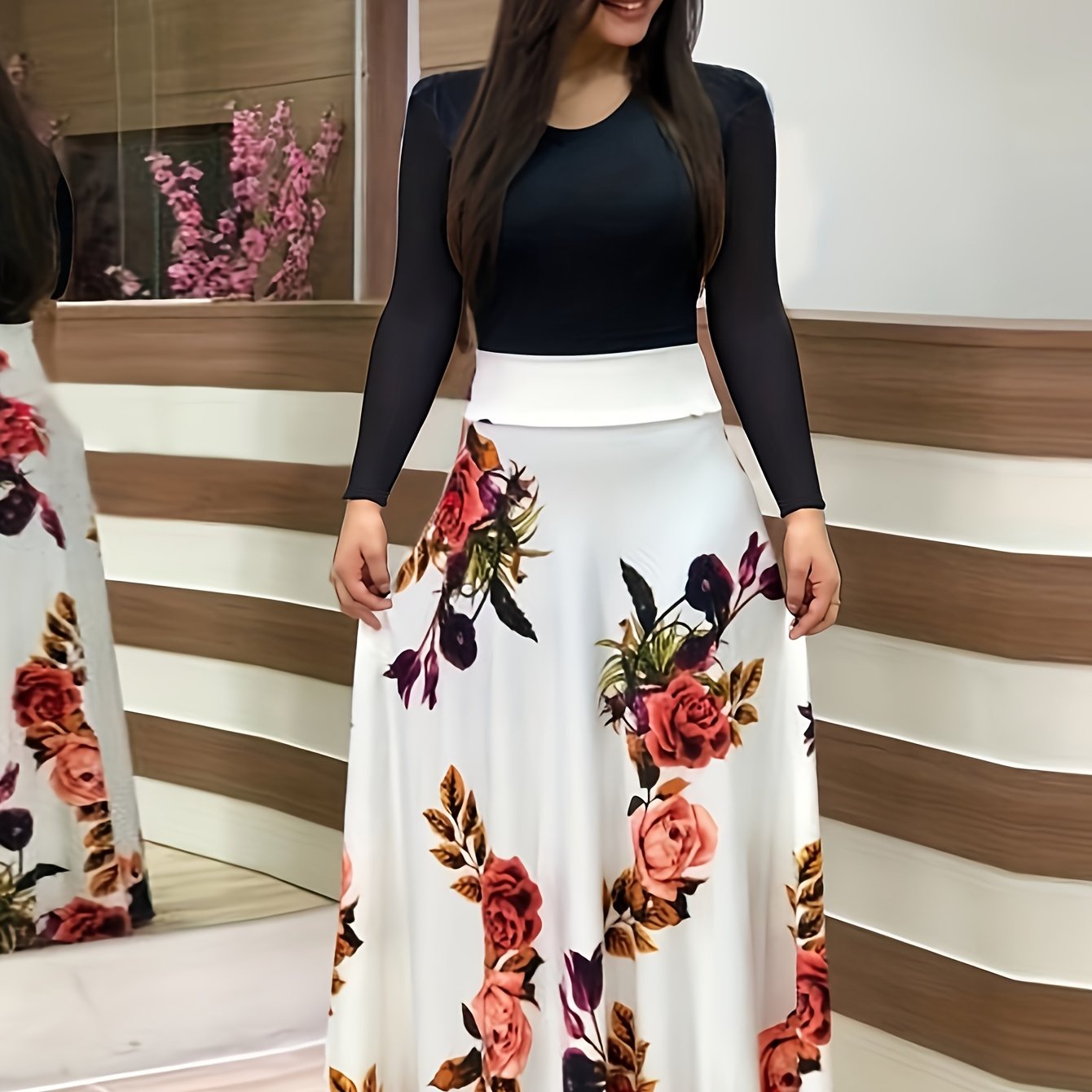 Floral Print Long Sleeve Dress, Elegant Crew Neck Pleated Maxi Dress, Women's Clothing