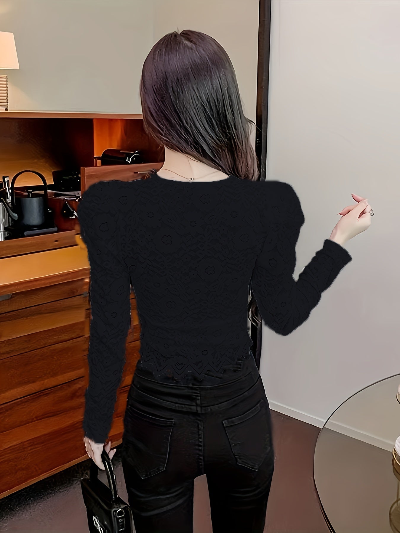 gbolsos Floral Pattern Heart Button Decor Lace T-Shirt, Elegant V Neck Long Sleeve Top For Spring & Fall, Women's Clothing
