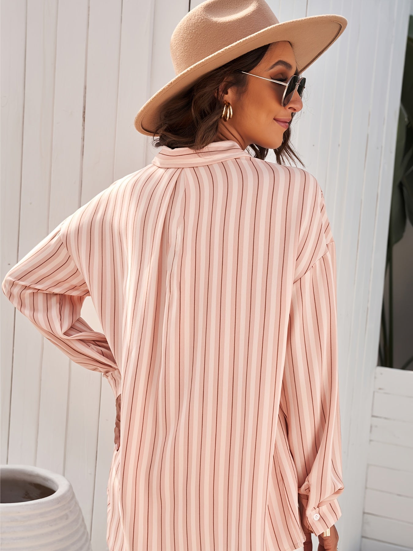 gbolsos Striped Collar Buttons Shirt, Casual Pockets Long Sleeve Drop Shoulder Shirt, Women's Clothing