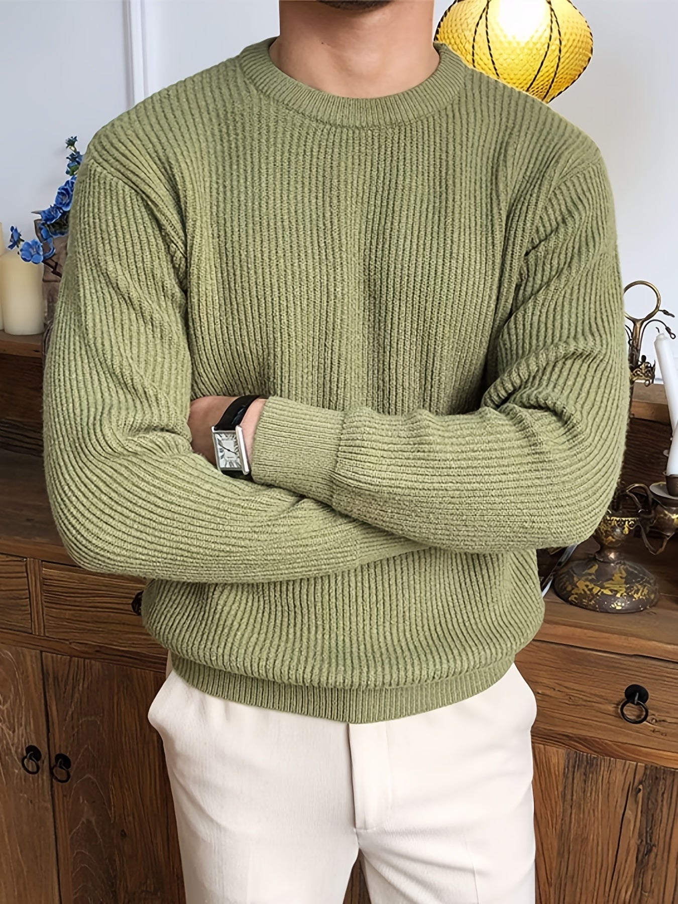 gbolsos Warm Texture Knitted Sweater, Men's Casual Solid Color Slightly Stretch Round Neck Pullover Sweater For Fall Winter