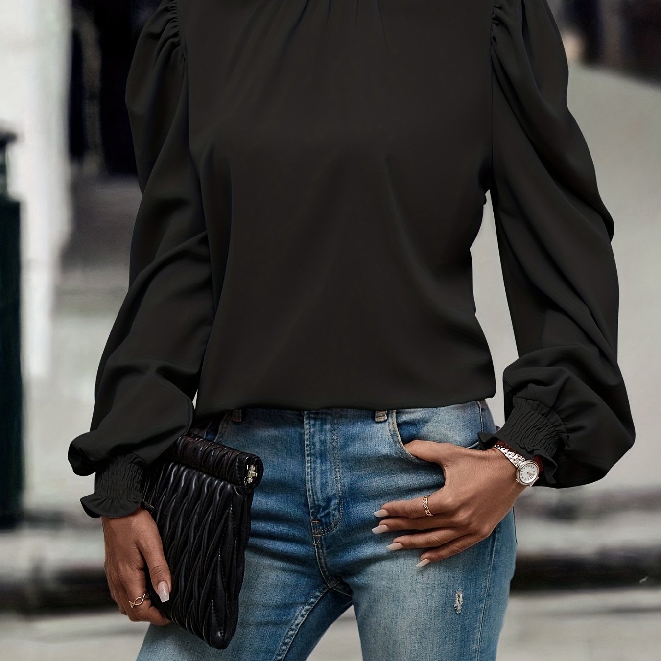 Mock Neck Puff Sleeve Blouse, Casual Solid Blouse For Spring & Fall, Women's Clothing