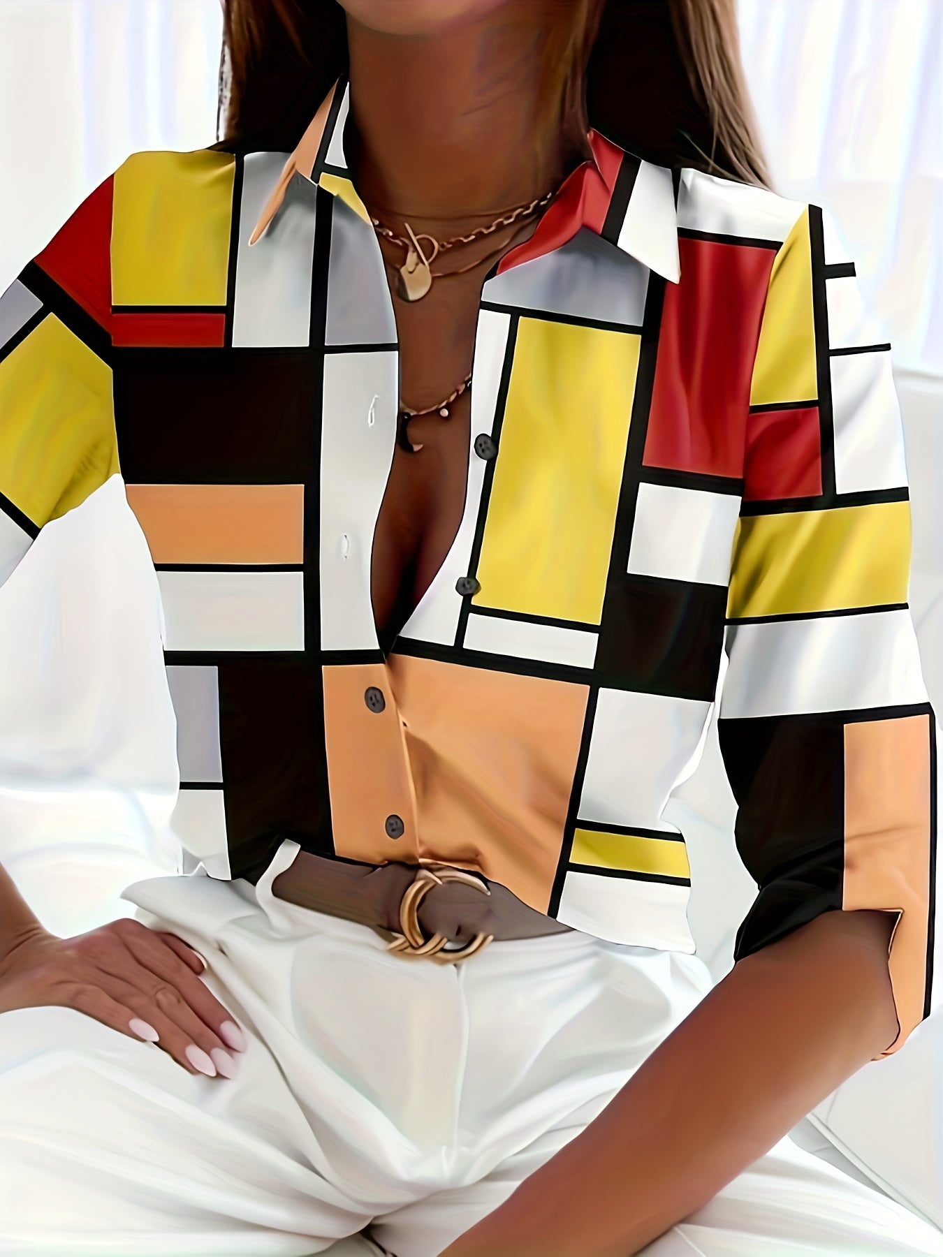solvbao Plus Size Elegant Blouse, Women's Plus Geo Print Three Quarter Sleeve Lapel Collar Button Up Shirt