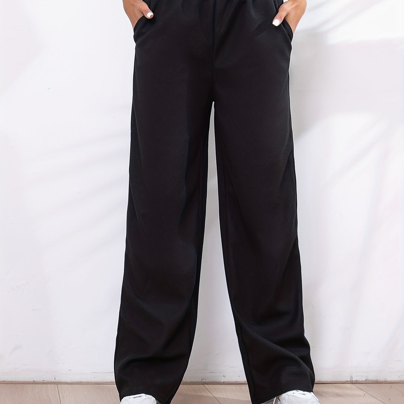Solid Elastic Waist Straight Leg Pants, Casual Loose Drape Pocket Pants, Women's Clothing