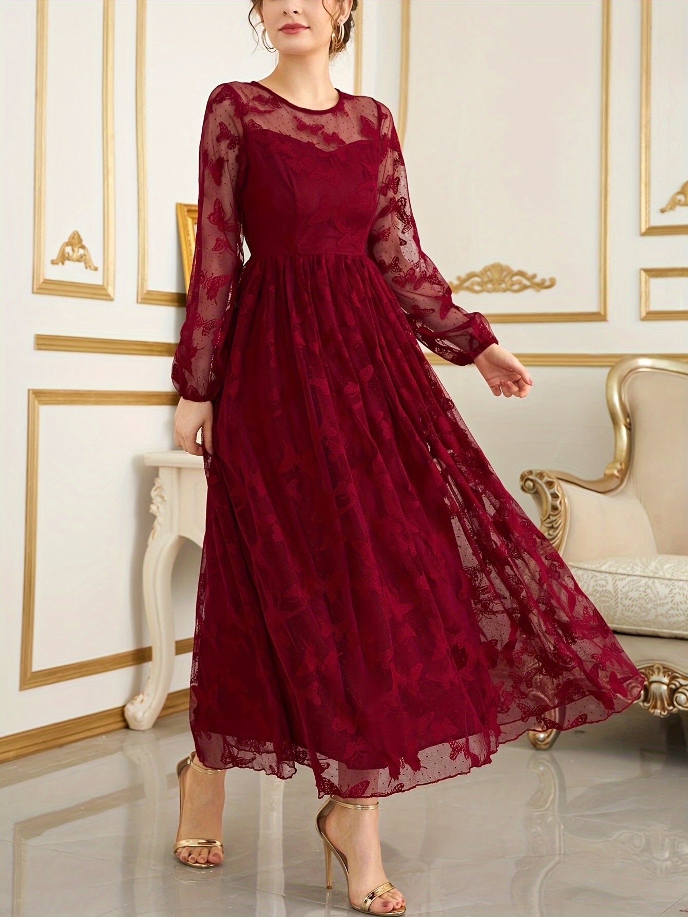 gbolsos Contrast Lace Crew Neck A-line Dress, Elegant Long Sleeve Dress For Party & Banquet, Women's Clothing