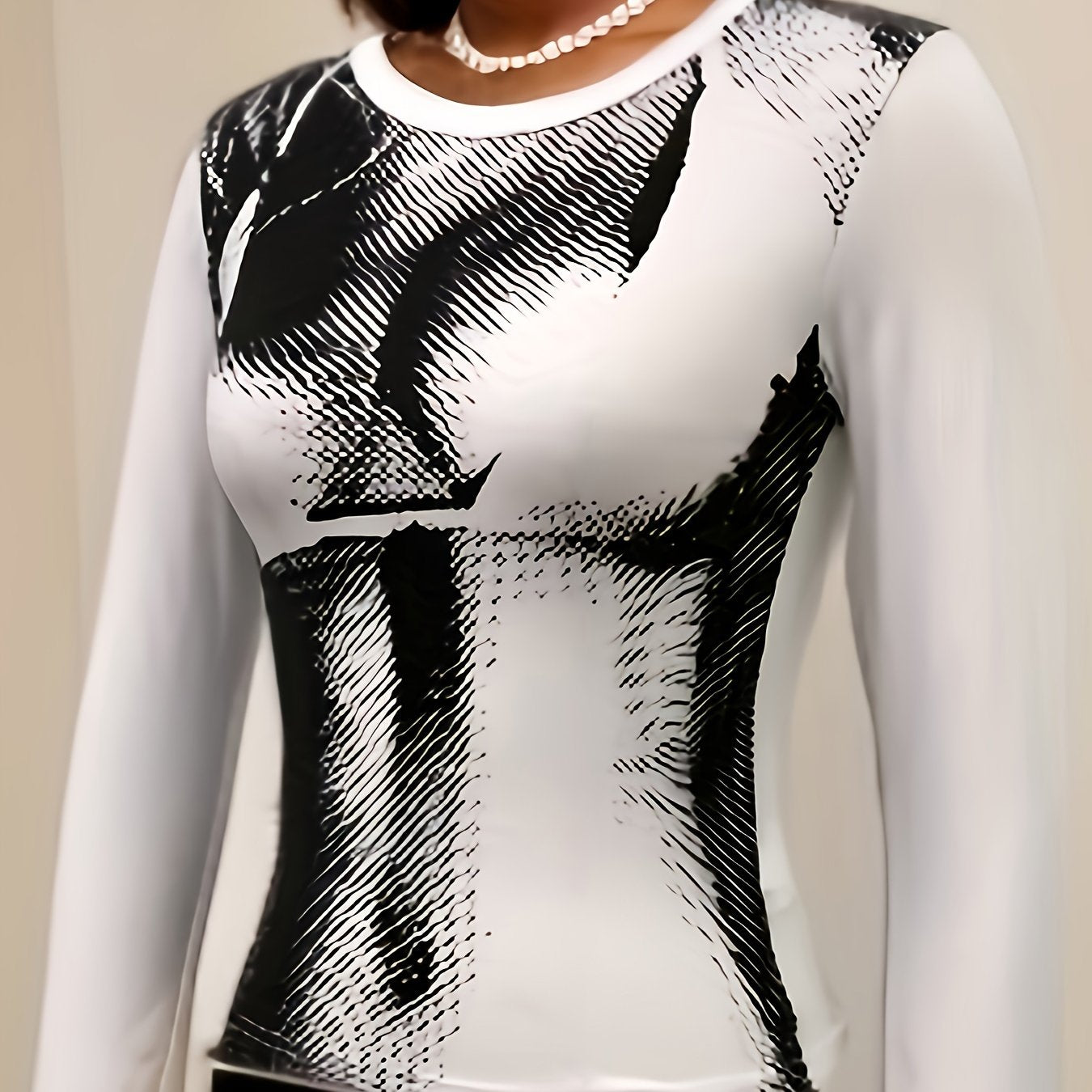kkboxly Cyber Punk Body Print Crew Neck T-shirt, Y2K Long Sleeve T-shirt For Spring & Fall, Women's Clothing
