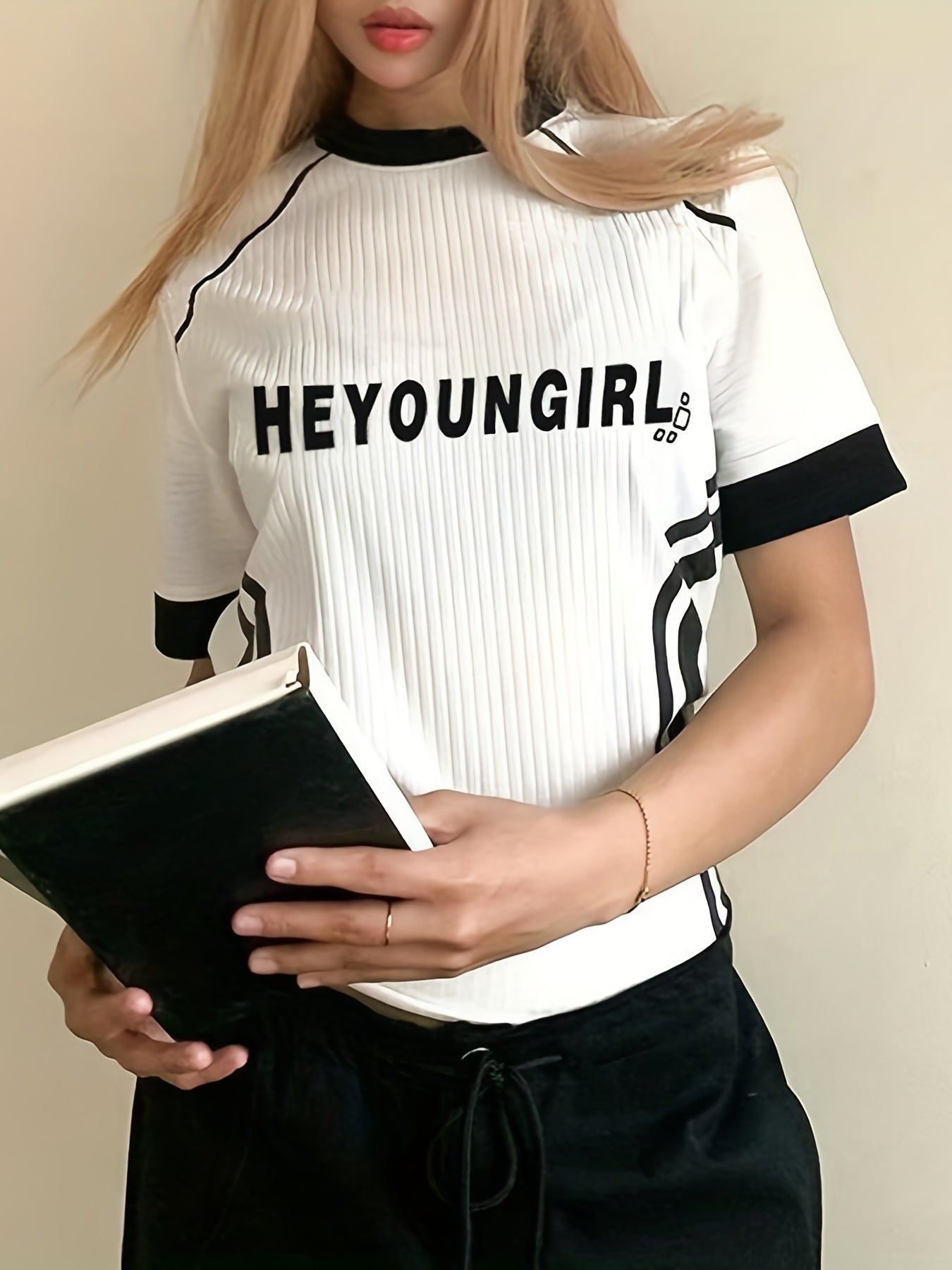 gbolsos Street Letter Printing Casual T-shirt, Fashion Contrast Color Striped Short Sleeves, Women's Summer Tops