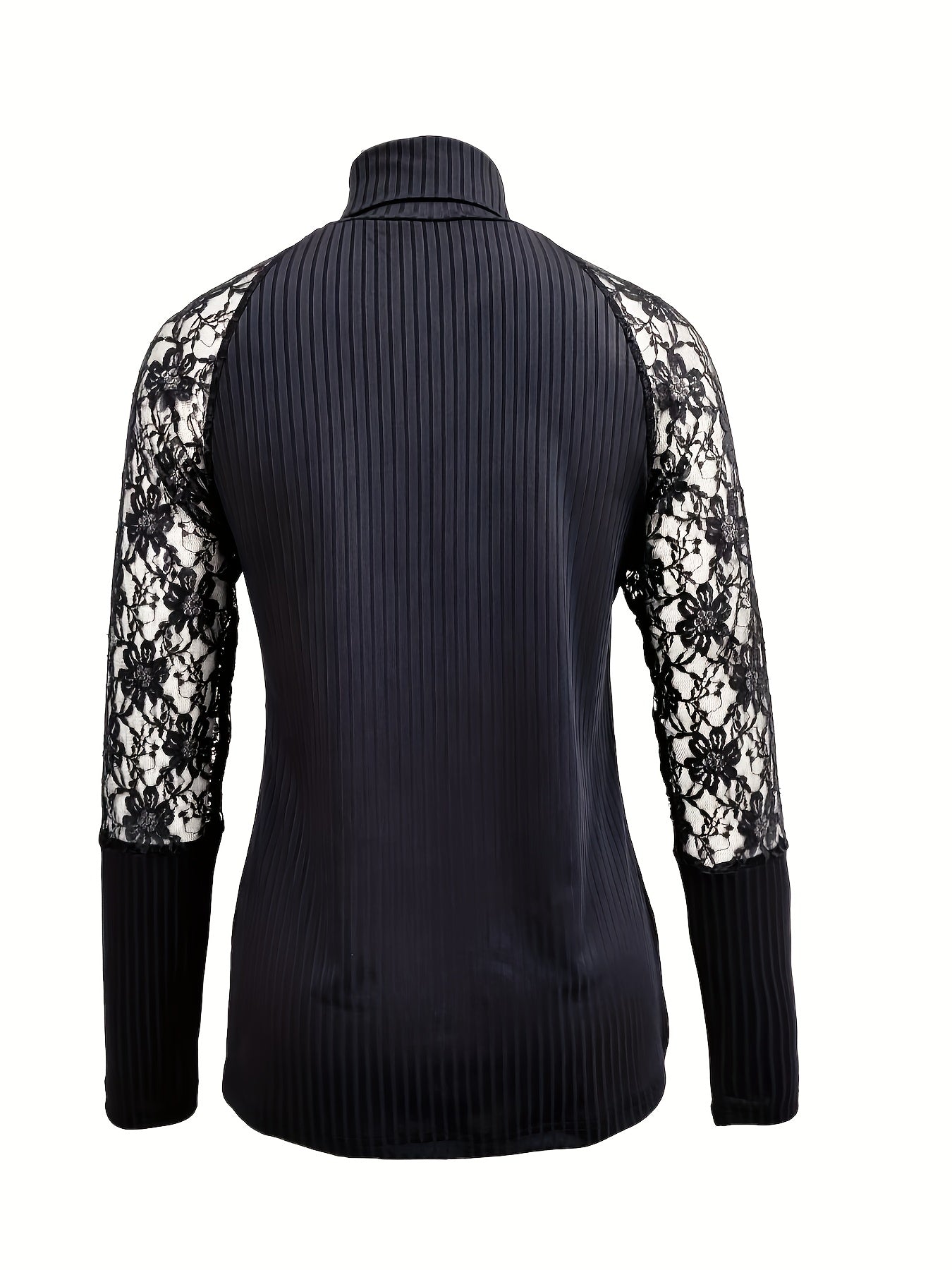 gbolsos Floral Lace Stitching Turtleneck T-Shirt, Casual Long Sleeve Top For Spring & Fall, Women's Clothing