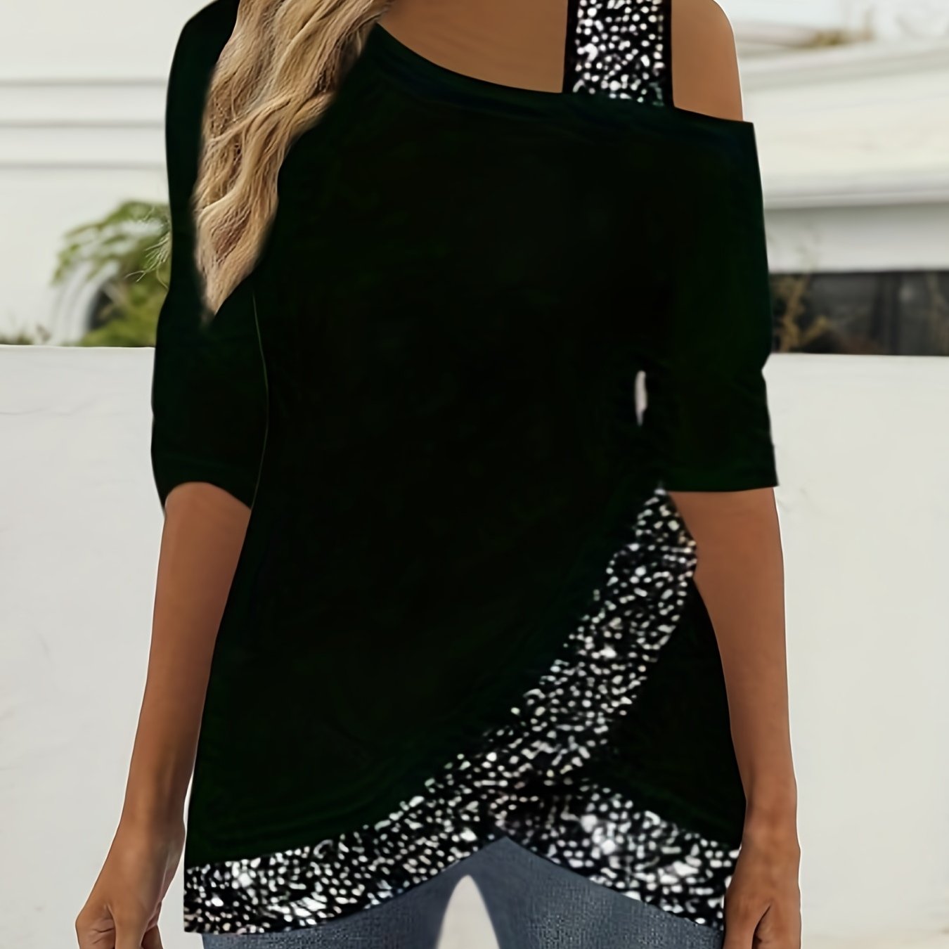 gbolsos Rhinestone Cold Shoulder T-Shirt, Asymmetrical Hem Long Sleeve T-Shirt, Casual Every Day Tops, Women's Clothing