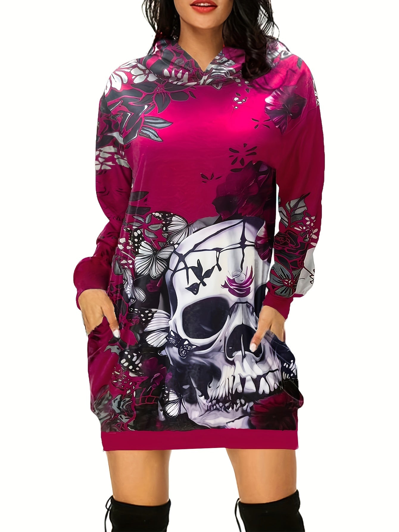 gbolsos Skull & Flower Print Dress, Gothic Hooded Long Sleeve Mini Dress With Pockets, Women's Clothing