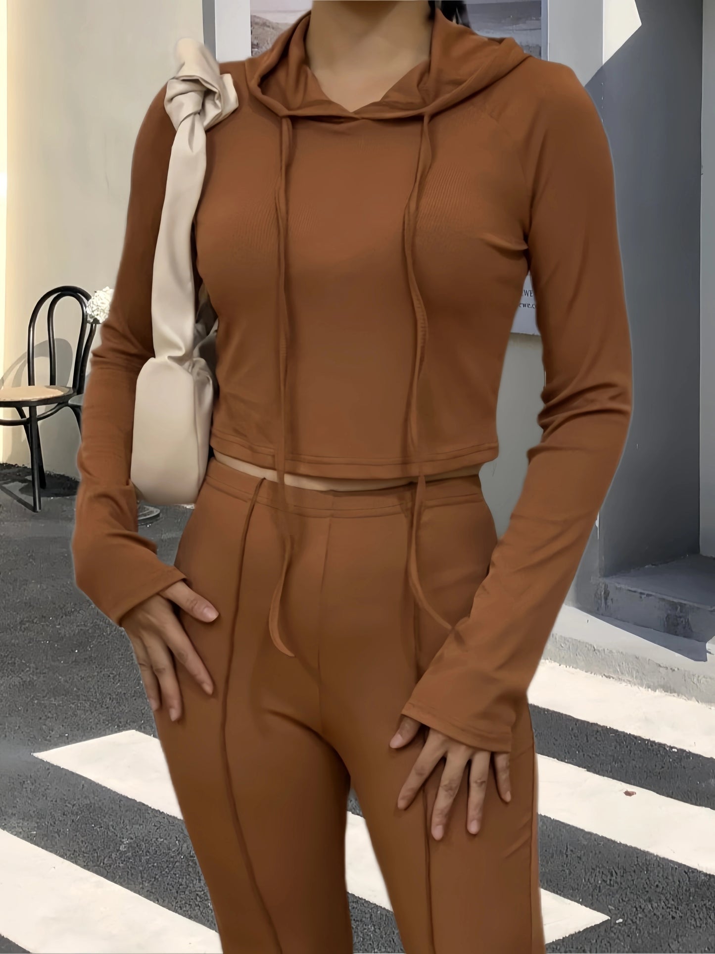 gbolsos Solid Drawstring Hooded T-Shirt, Casual Long Sleeve Top For Spring & Fall, Women's Clothing