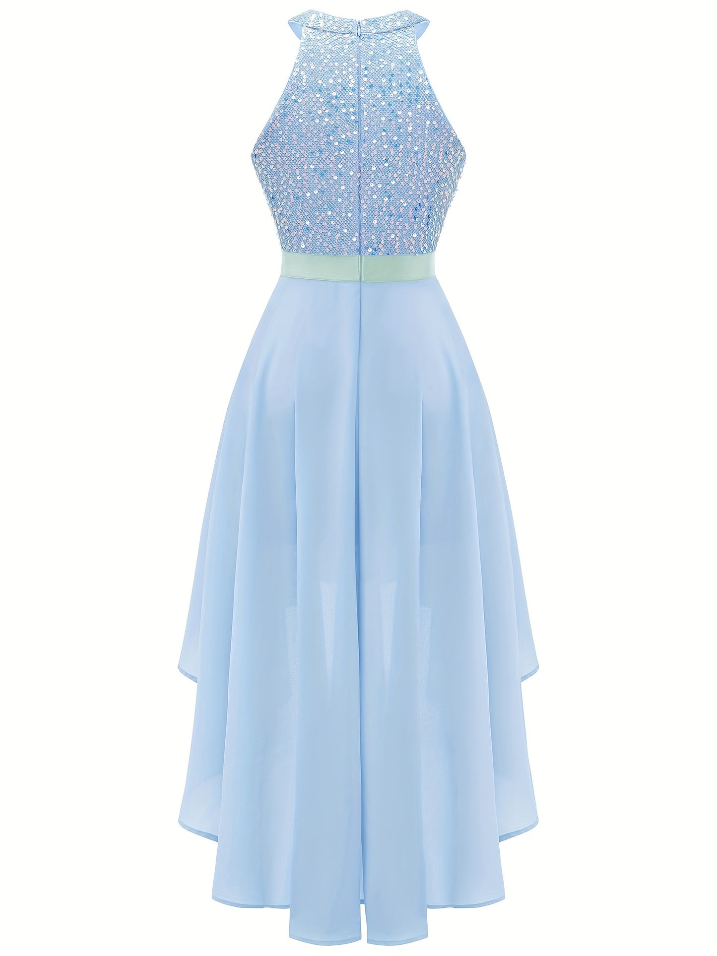 gbolsos Contrast Sequin Dipped Hem Dress, Elegant Sleeveless Solid Party Dress, Women's Clothing