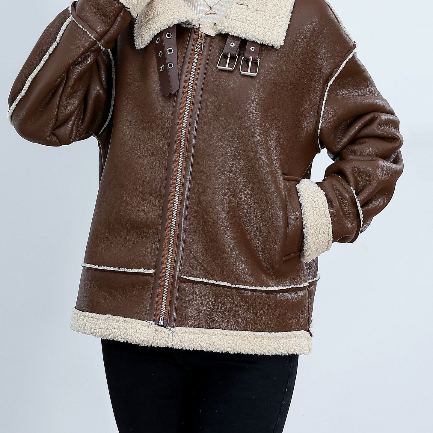 gbolsos Fuzzy Trim Biker Jacket, Casual Zip Up Long Sleeve Winter Outerwear, Women's Clothing