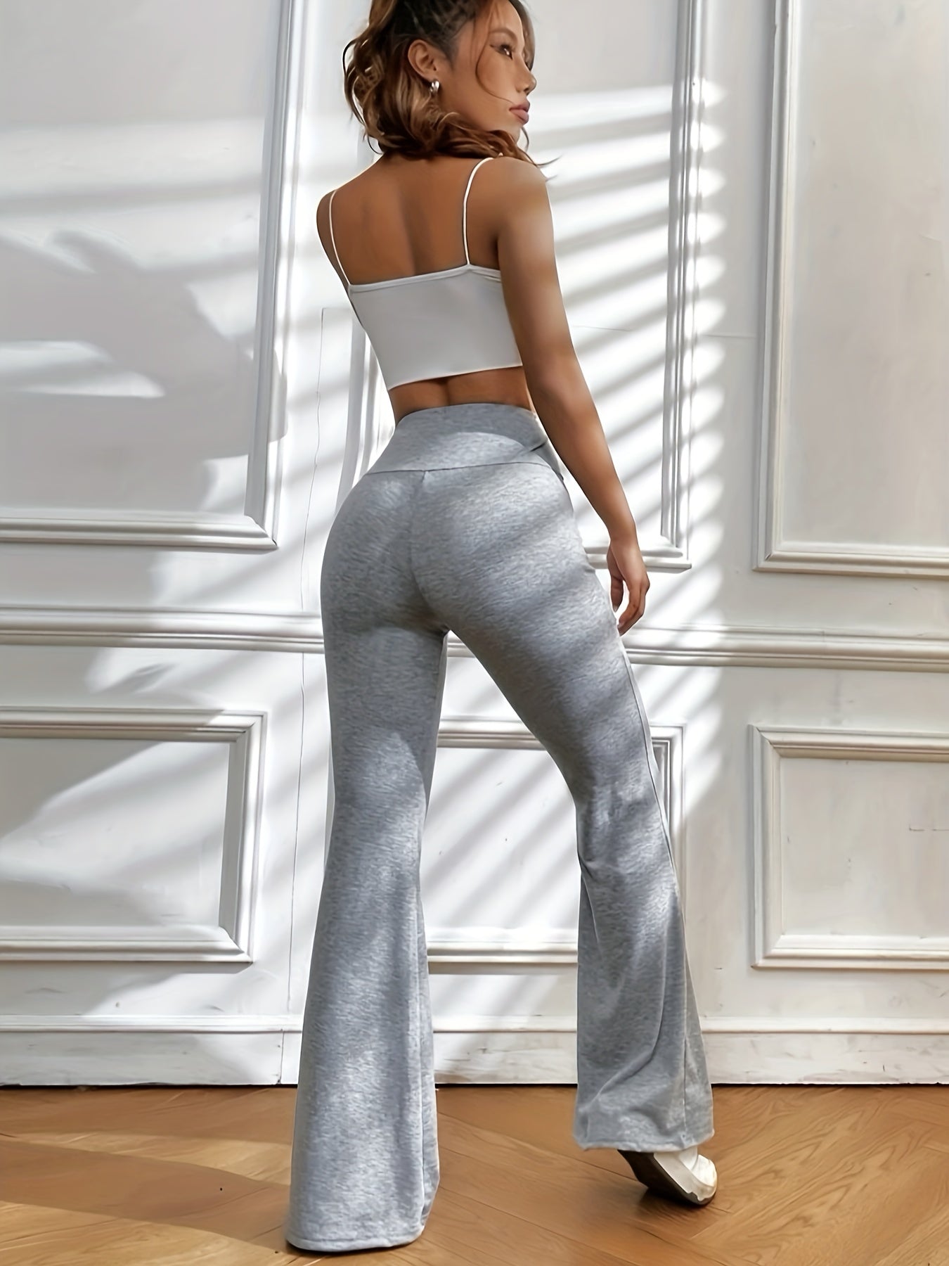gbolsos Solid Elastic Flare Leg Pants, Casual Loose Pants For Spring & Fall, Women's Clothing