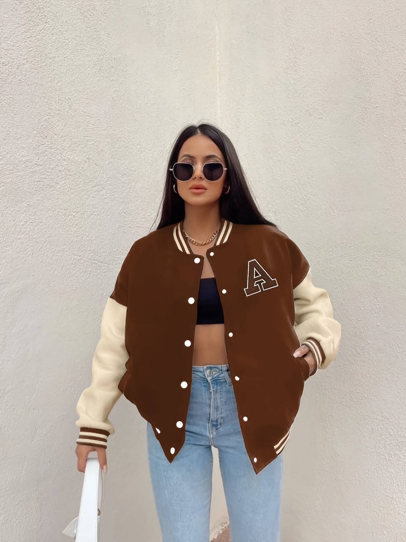 gbolsos Color Block Letter Print Bomber Jacket, Casual Crop Button Front Pockets Jacket, Women's Clothing
