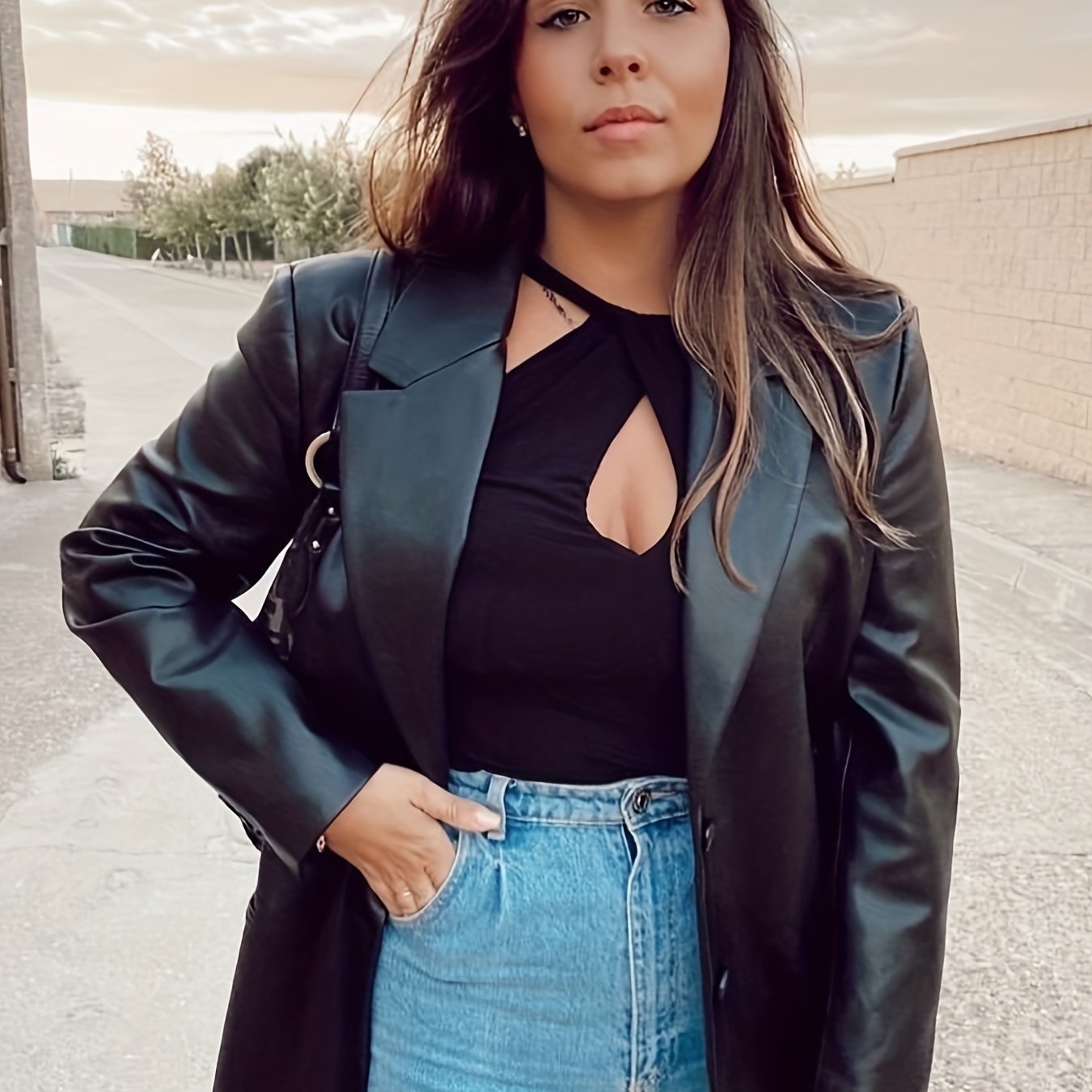 gbolsos Faux Leather Button Front Jacket, Stylish Long Sleeve Lapel Jacket For Fall & Winter, Women's Clothing