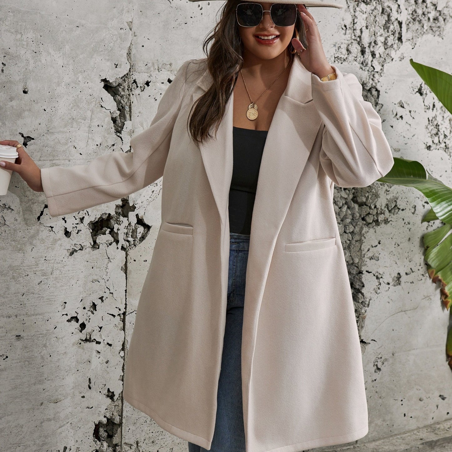 Plus Size Elegant Coat, Women's Plus Solid Long Sleeve Lapel Collar Longline Woolen Coat With Pockets