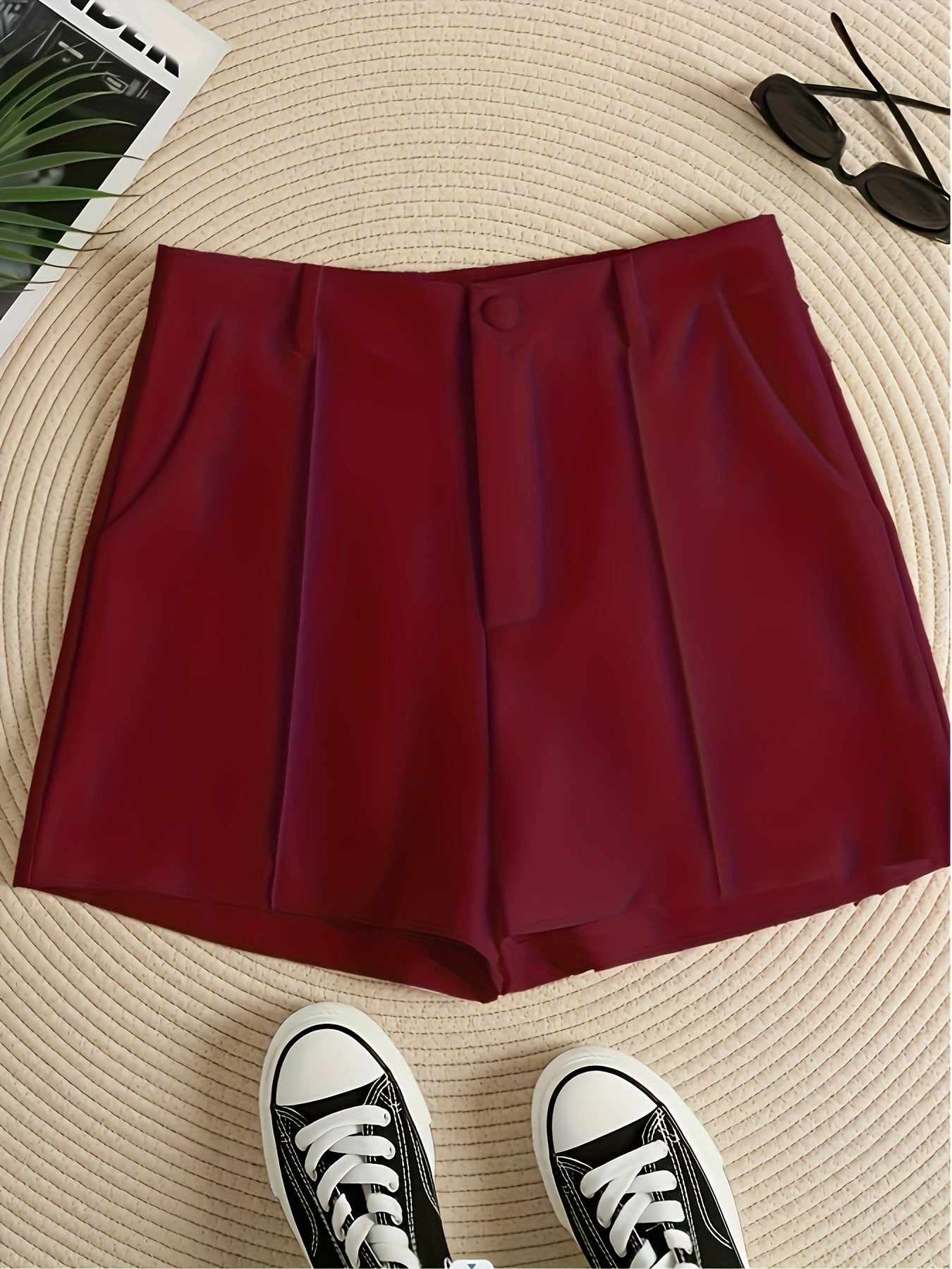 gbolsos Solid Color High Waist Shorts, Casual Zipper Front Shorts For Spring & Summer, Women's Clothing