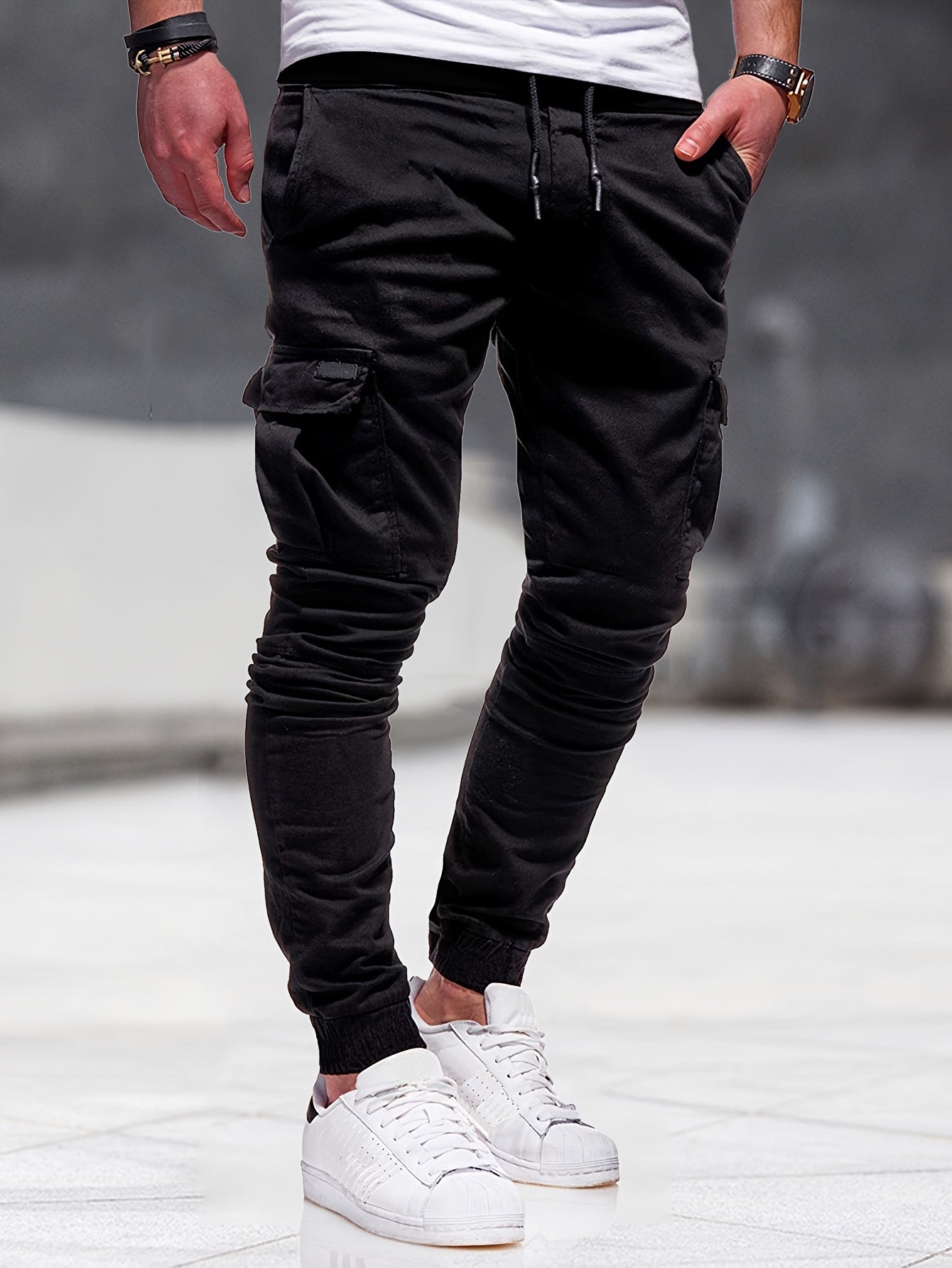 gbolsos Solid Multi Flap Pockets Men's Drawstring Cargo Pants, Slim Fit Elastic Casual Outdoor Pants, Men's Work Pants