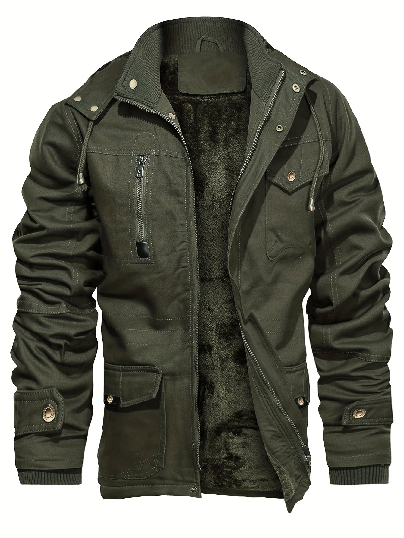gbolsos Men's Winter Cargo Jackets Casual Thicken Multi-Pocket Outwear Fleece Lined Military Warm Coat Removable Hood