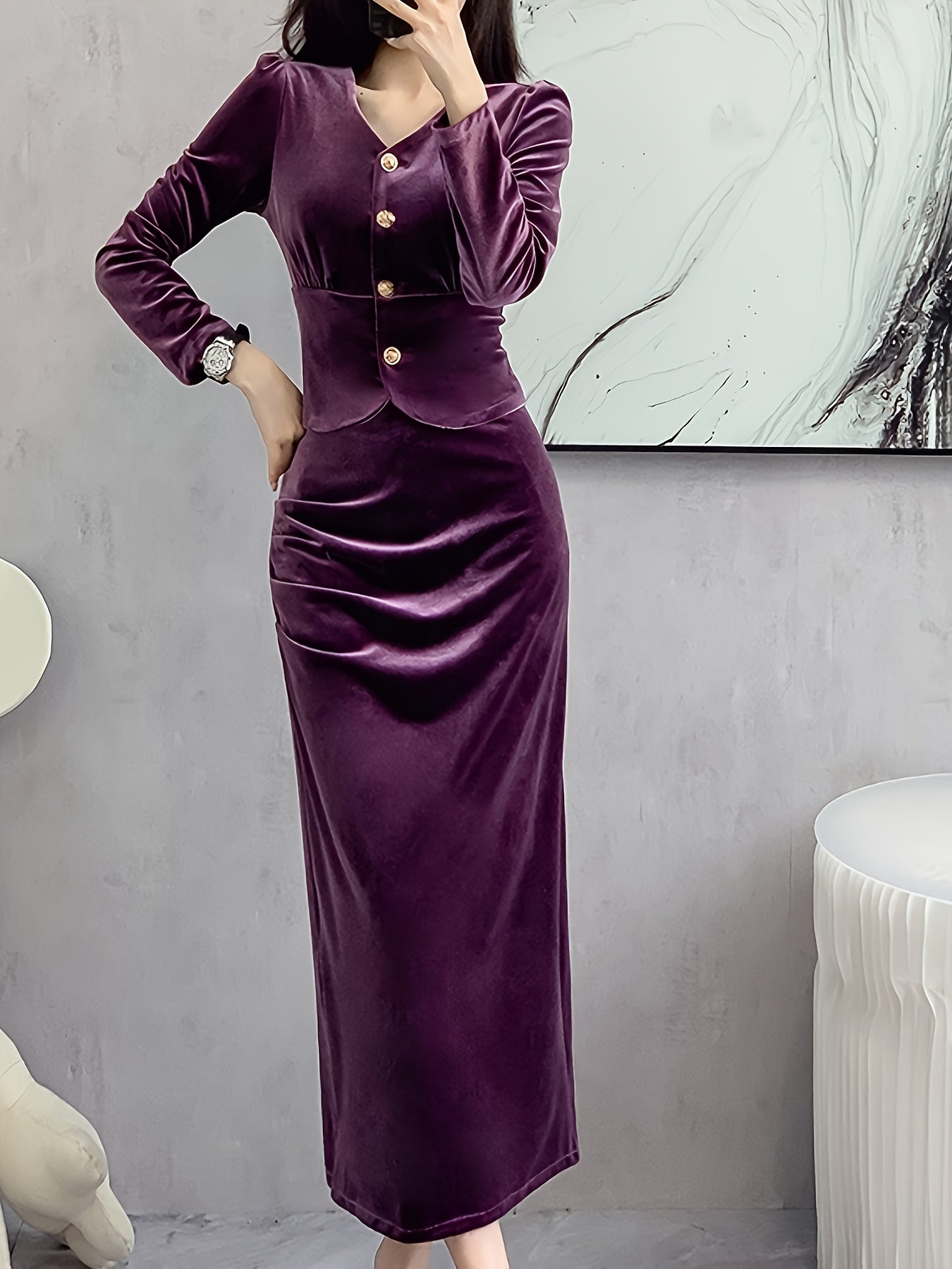 Solid Bodycon Two-piece Set, Button Front Long Sleeve Tops & High Waist Midi Skirts Outfits, Women's Clothing