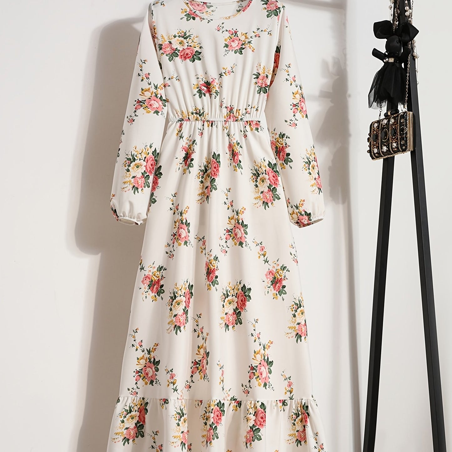 gbolsos Elegant Summer High Waist Fashion Ditsy Floral Print Dress, Slim Temperament Maxi Dresses, Women's Clothing
