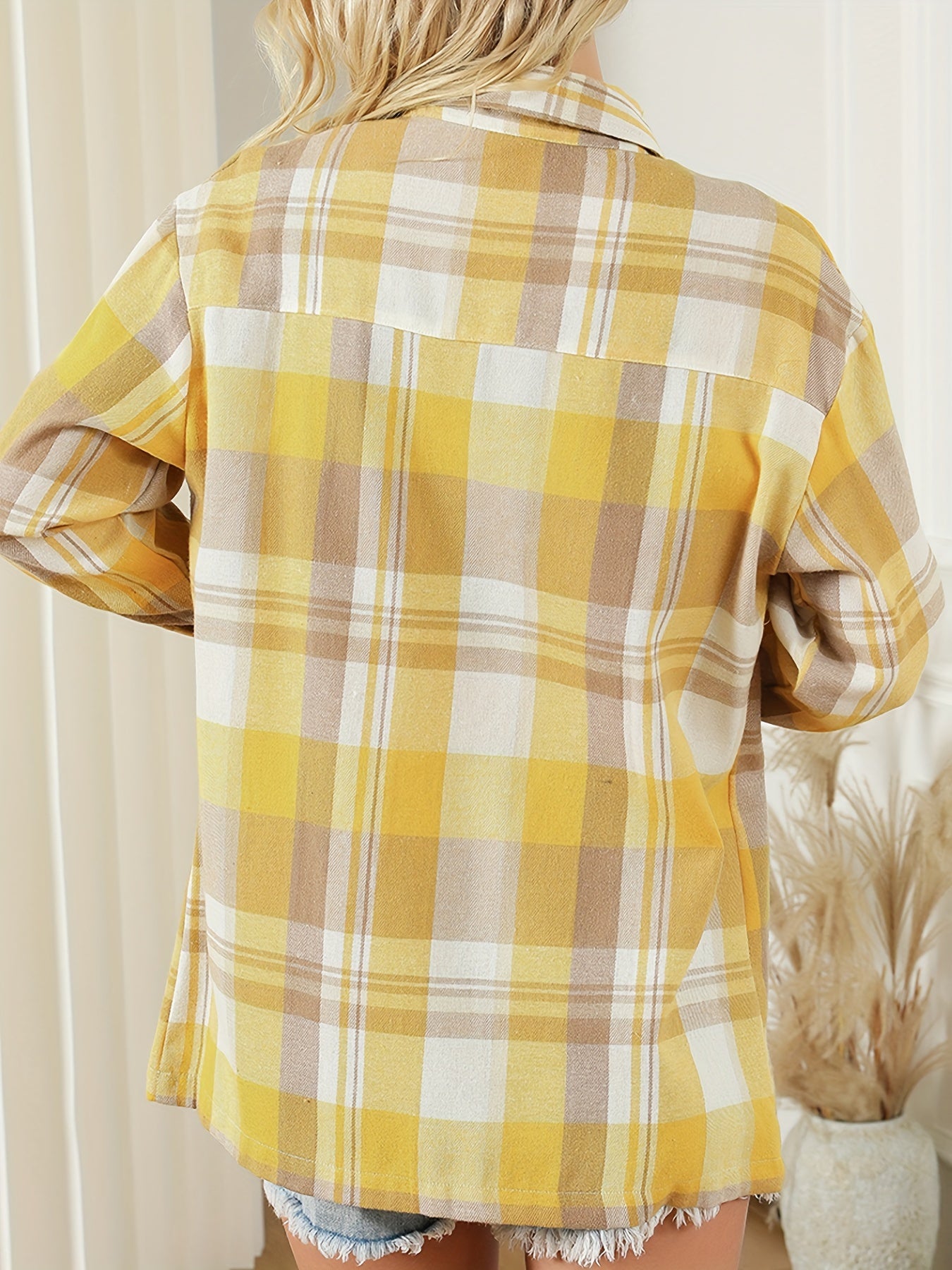 gbolsos Plaid Pattern Button Front Shirt, Vintage Long Sleeve Lapel Shirt, Women's Clothing