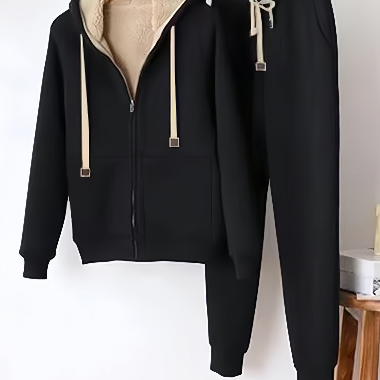 gbolsos Drawstring Casual Two-piece Set, Zip Up Long Sleeve Hooded Tops & Long Length Jogger Pants Outfits, Women's Clothing