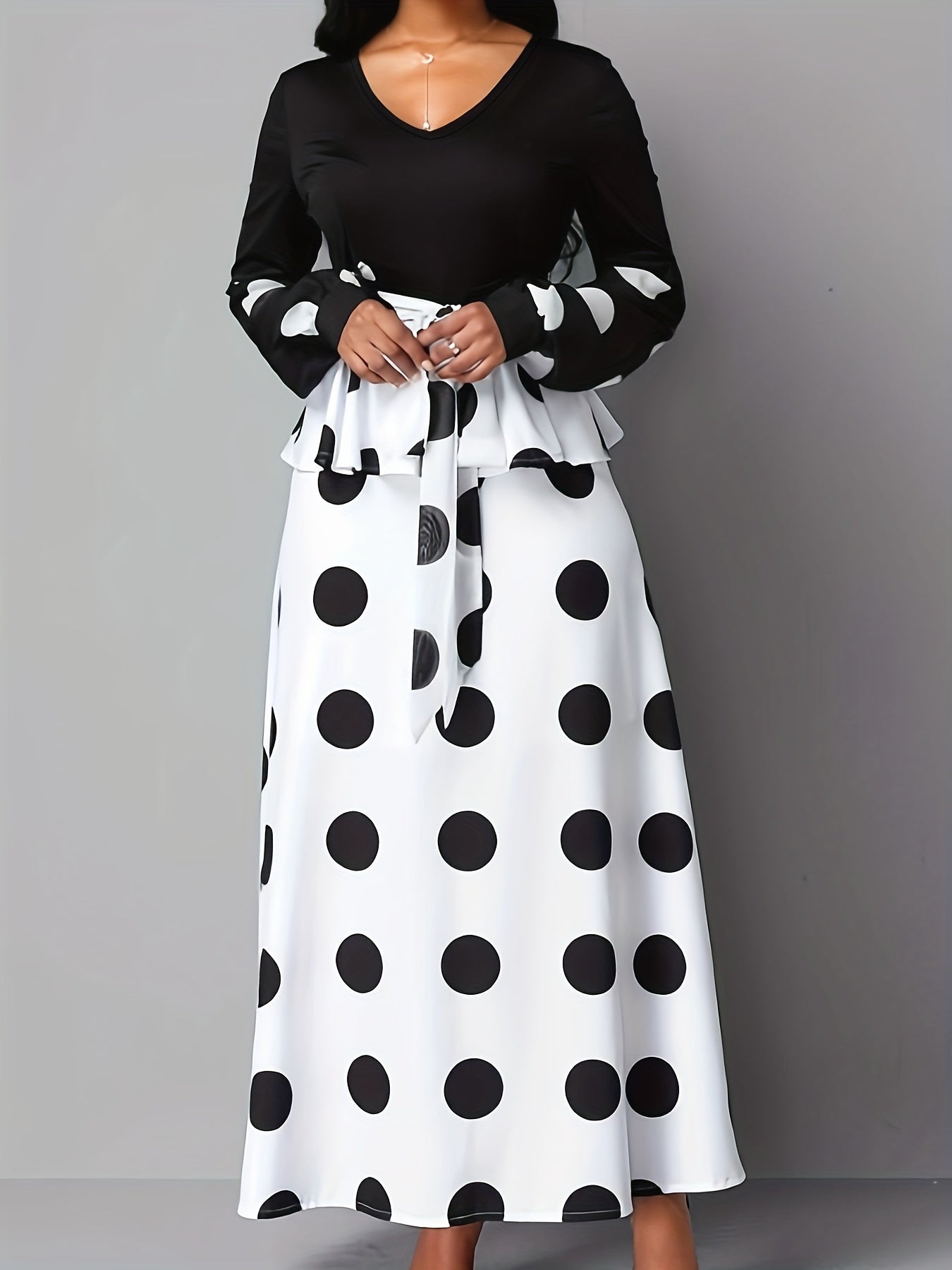 gbolsos Color Block Polka Dot V Neck Long Sleeve Dress, Elegant High Tie Waist Flared Maxi Dress, Women's Clothing