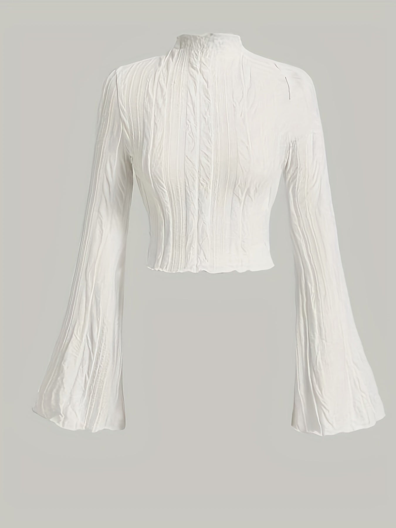 Textured Flared Sleeve Crop Top, Lettuce Trim Mock Neck Top For Spring & Fall, Women's Clothing
