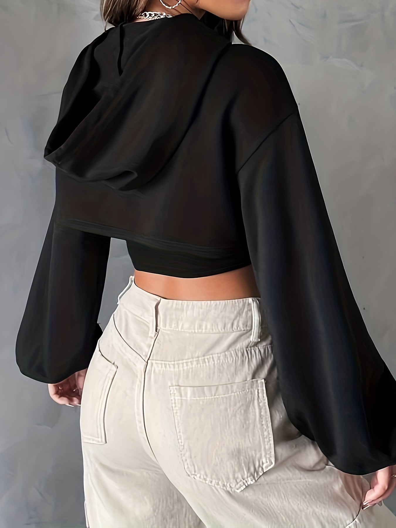 Solid Crop Drawstring Hoodie, Casual Dipped Hem Long Sleeve Fashion Sweatshirt, Women's Clothing