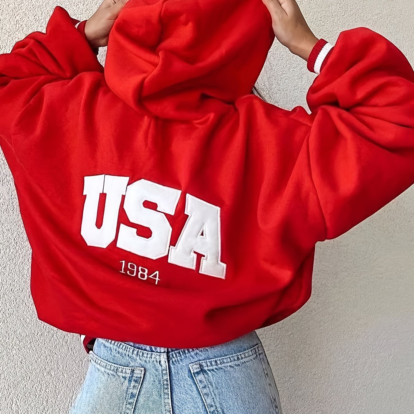 gbolsos USA Print Drawstring Hoodie, Casual Long Sleeve Oversized Hoodies Sweatshirt, Women's Clothing