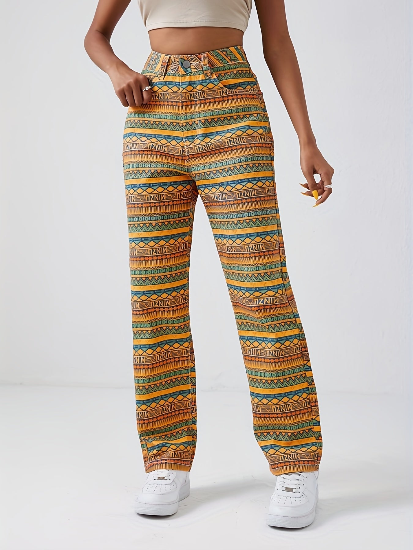 gbolsos Geometric Striped Print Straight Jeans, Loose Fit Non-Stretch Street Style Denim Pants, Women's Denim Jeans & Clothing