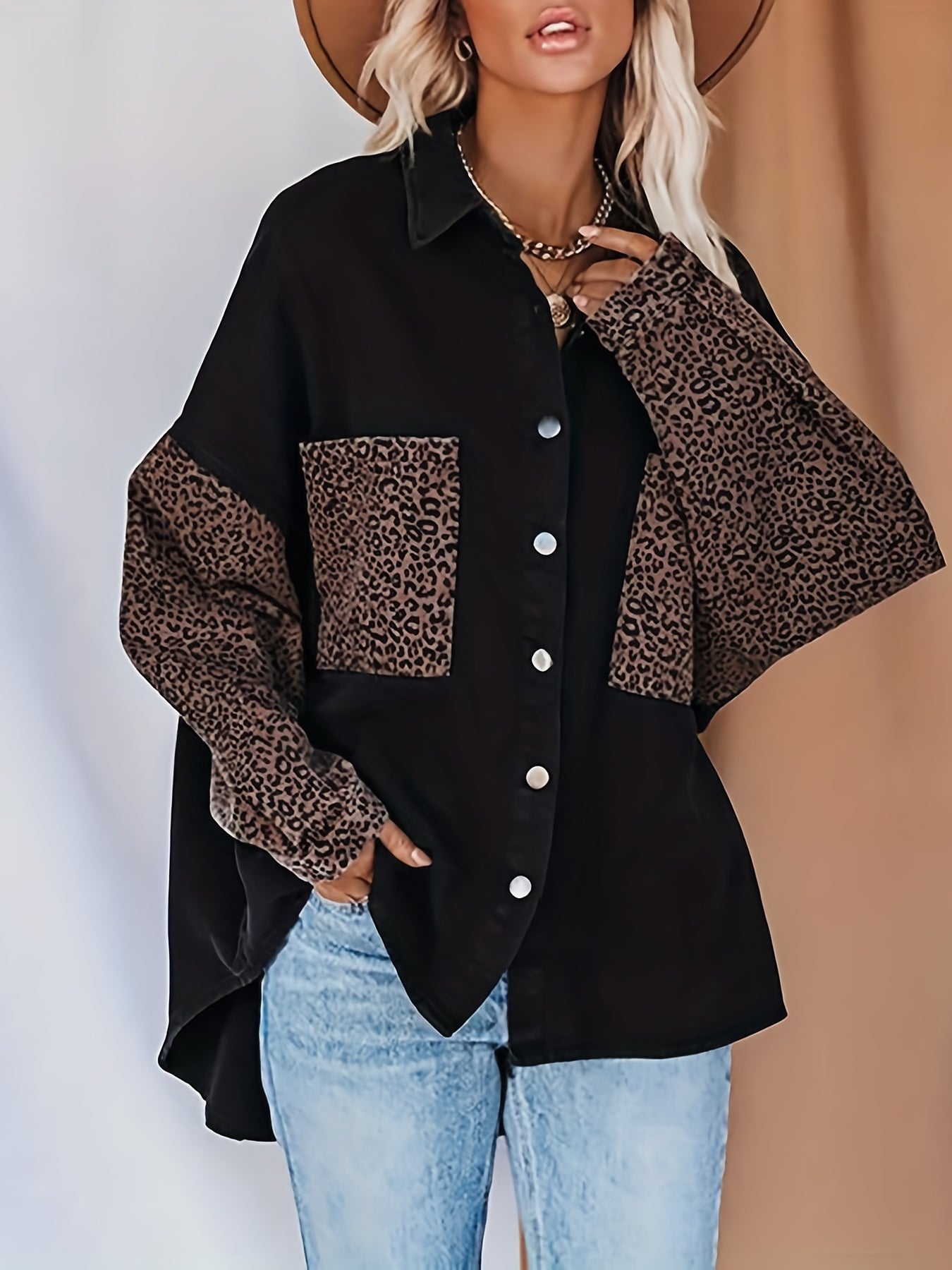 gbolsos Leopard Print Drop Shoulder Jacket, Casual Long Sleeve Jacket For Fall & Winter, Women's Clothing