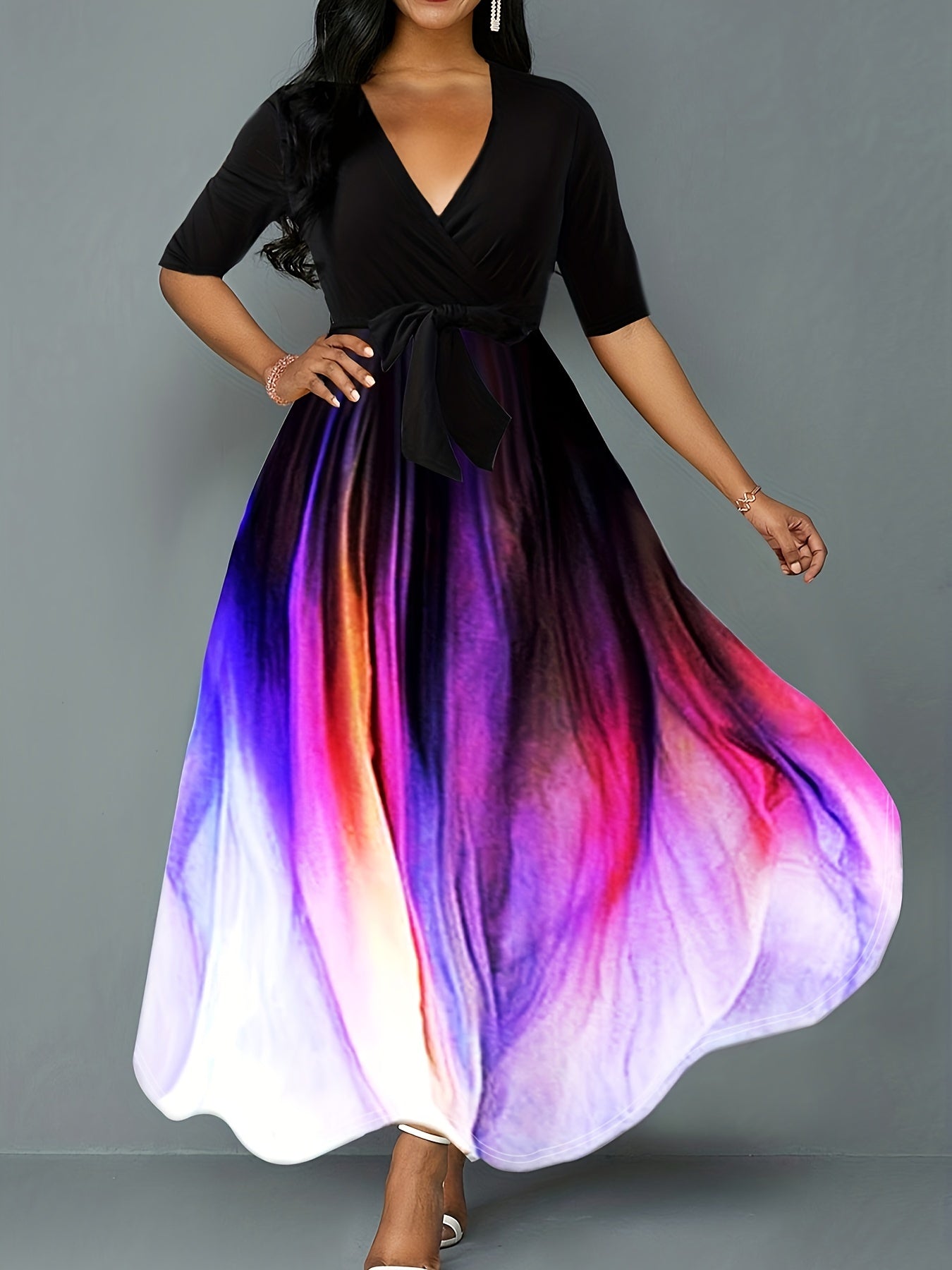 gbolsos Graphic Print Plunging Dress, Elegant Short Sleeve Maxi Dress, Women's Clothing
