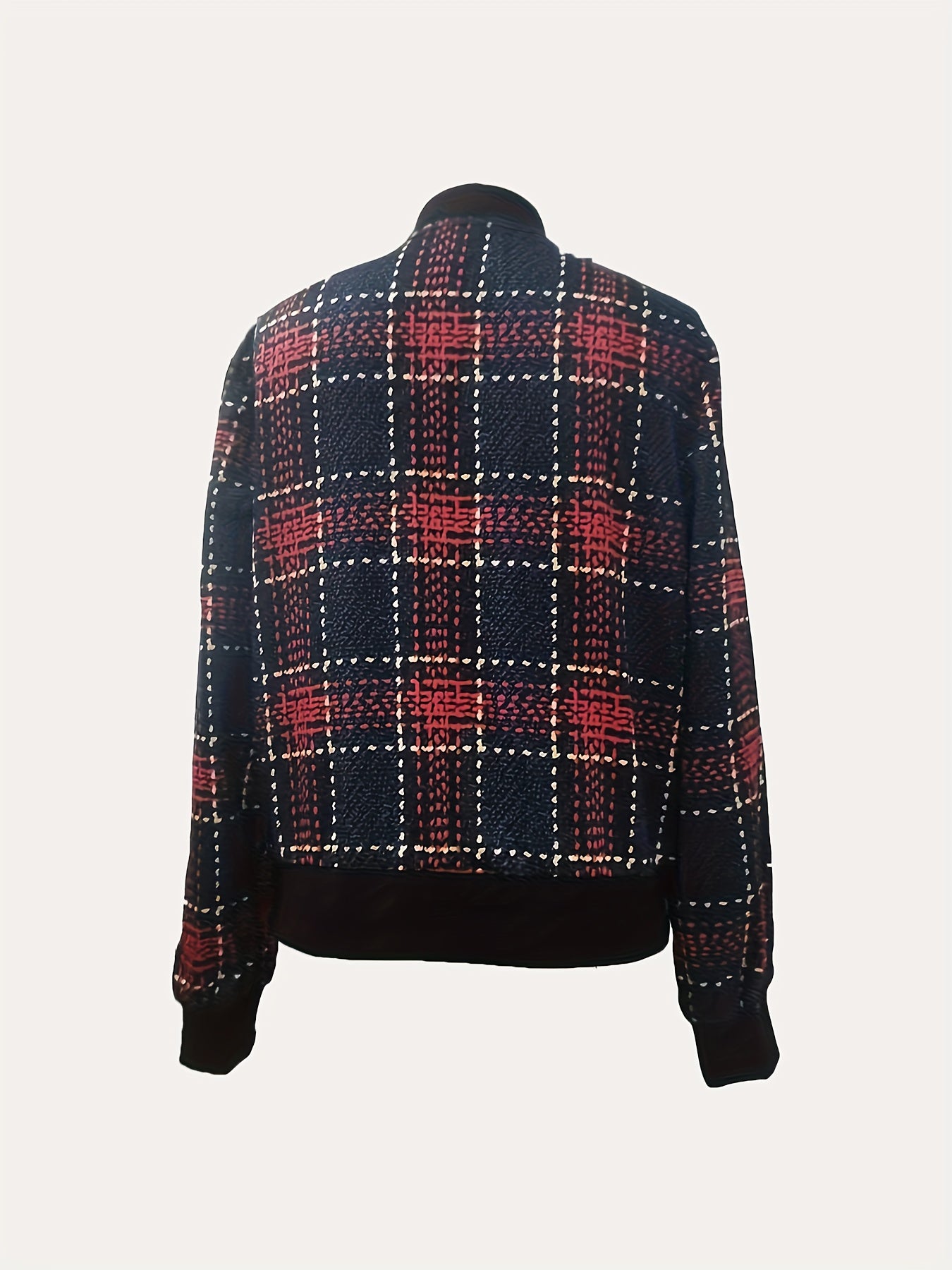 gbolsos Plaid Pattern Bomber Jacket, Casual Zip Up Long Sleeve Outerwear, Women's Clothing