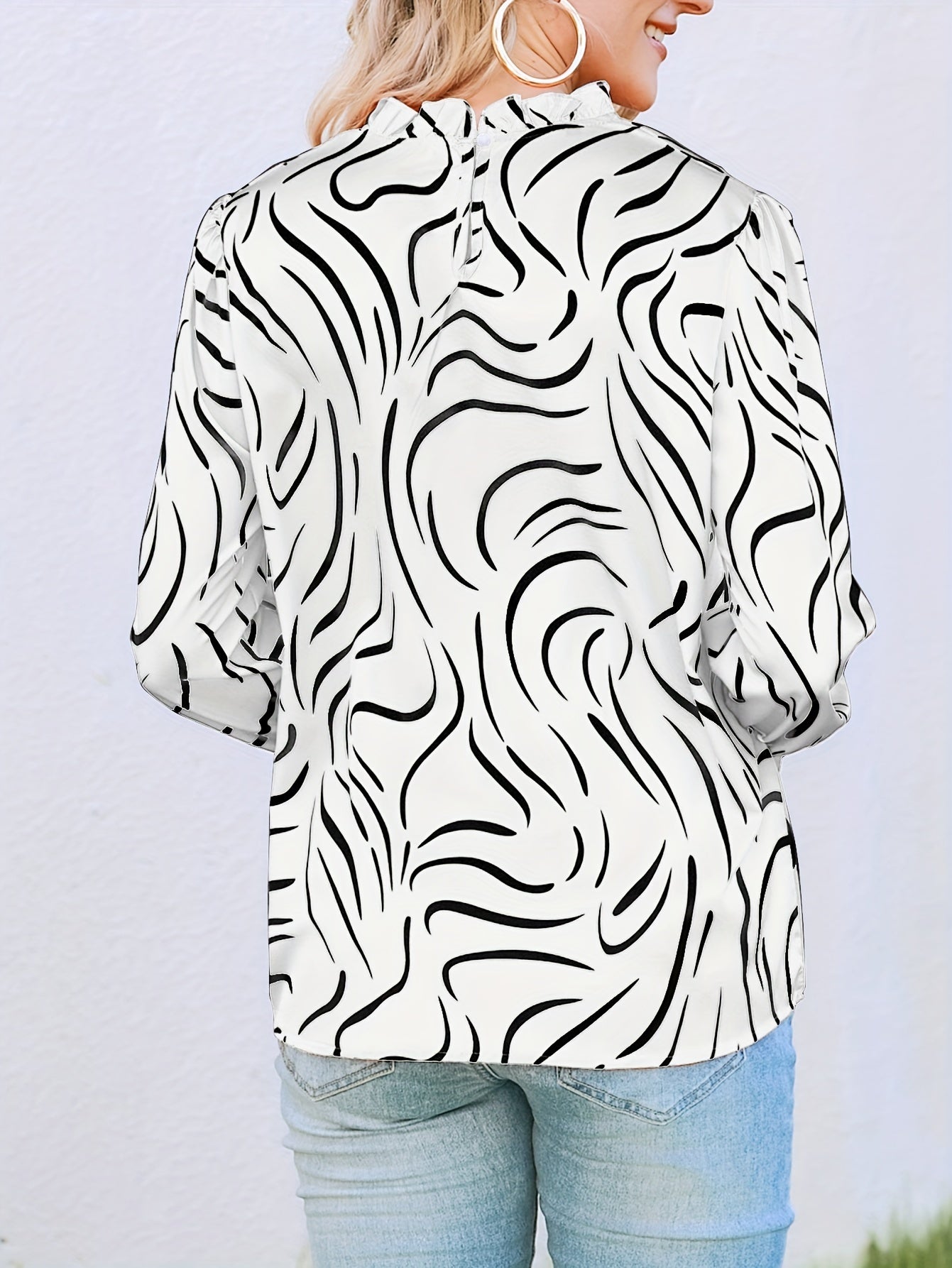 gbolsos Abstract Ripple Print Stand Collar Blouse, Casual Long Sleeve Blouse, Women's Clothing