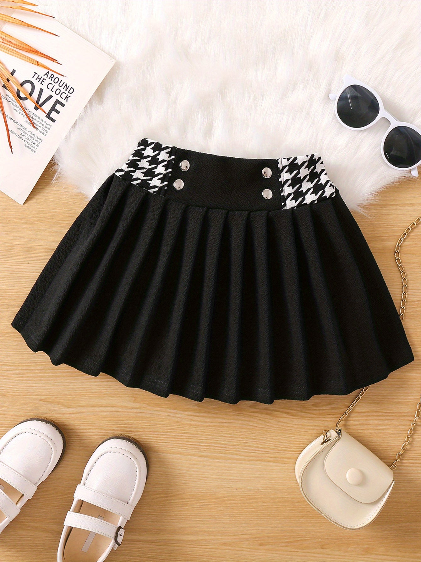 Toddler Girls Houndstooth Panel Pleated Skirt Kids Summer Clothes