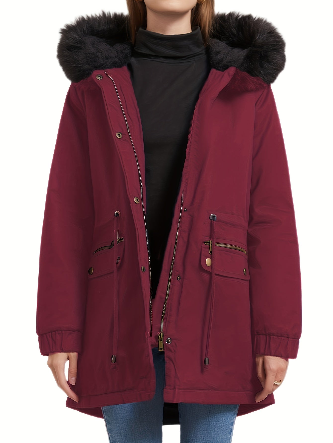 gbolsos Fluffy Trim Zip Up Jacket, Casual Long Sleeve Drawstring Winter Warm Outerwear, Women's Clothing