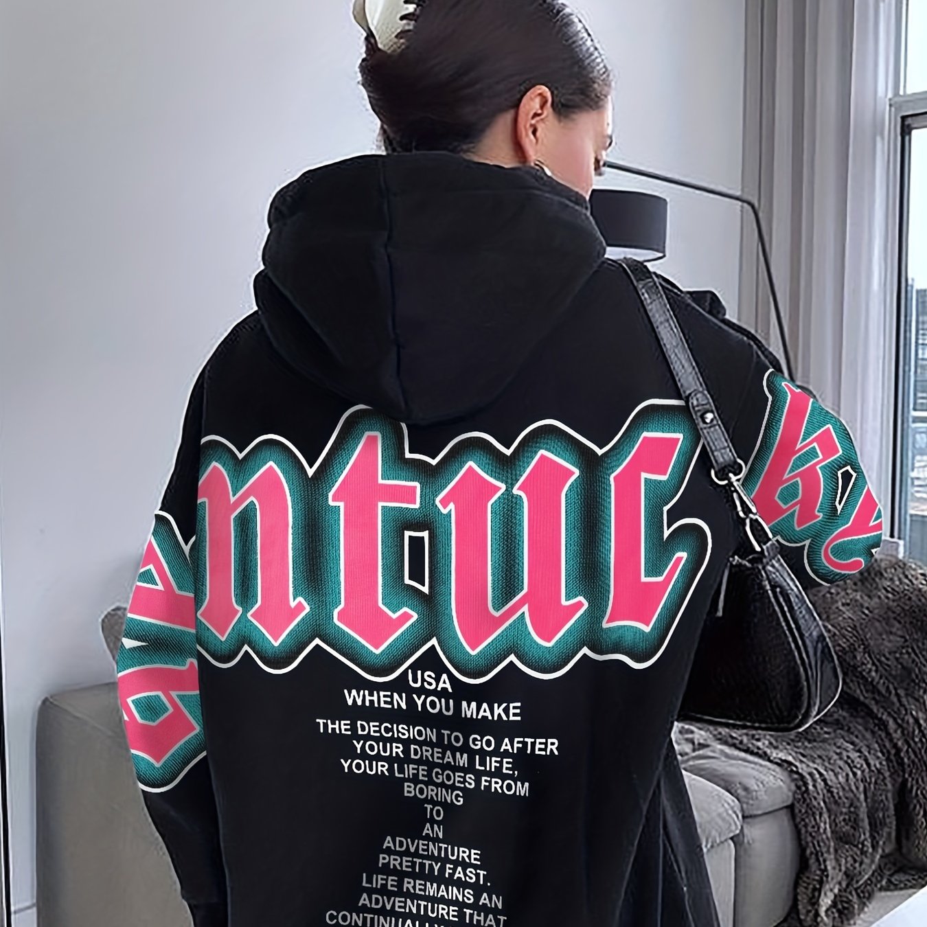 gbolsos Letter Print Loose Hoodie, Casual Long Sleeve Hoodies Sweatshirt, Women's Clothing