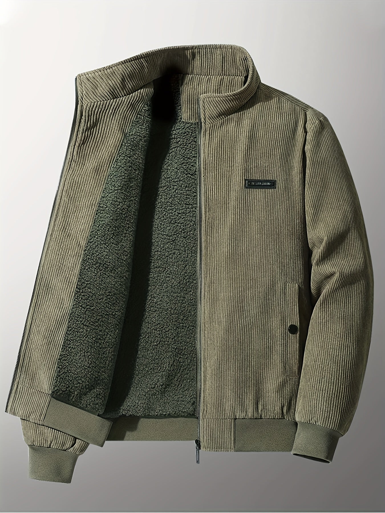 gbolsos Men's Autumn&Winter Trendy Casual Khaki&Grey Lightweight Fleece Corduroy Cotton Lapel Jacket