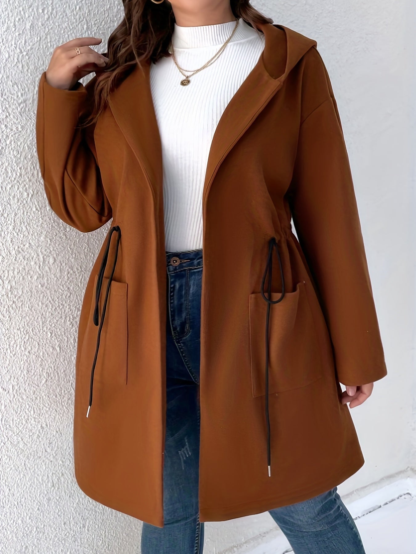 Plus Size Casual Coat, Women's Plus Solid Long Sleeve Drawstring Hooded Coat With Pockets